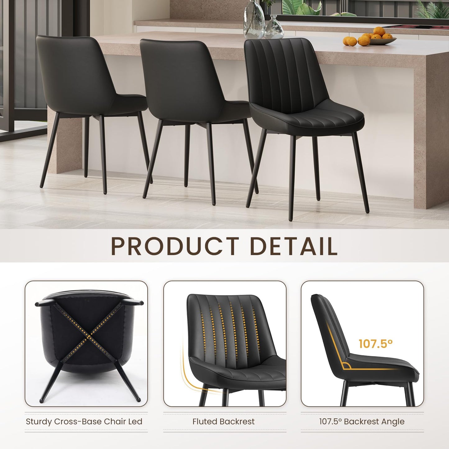 COLAMY Black Dining Chairs Set of 4,Technology Fabric Chairs for Dining Room with Metal Legs and Thick Seat Cushion