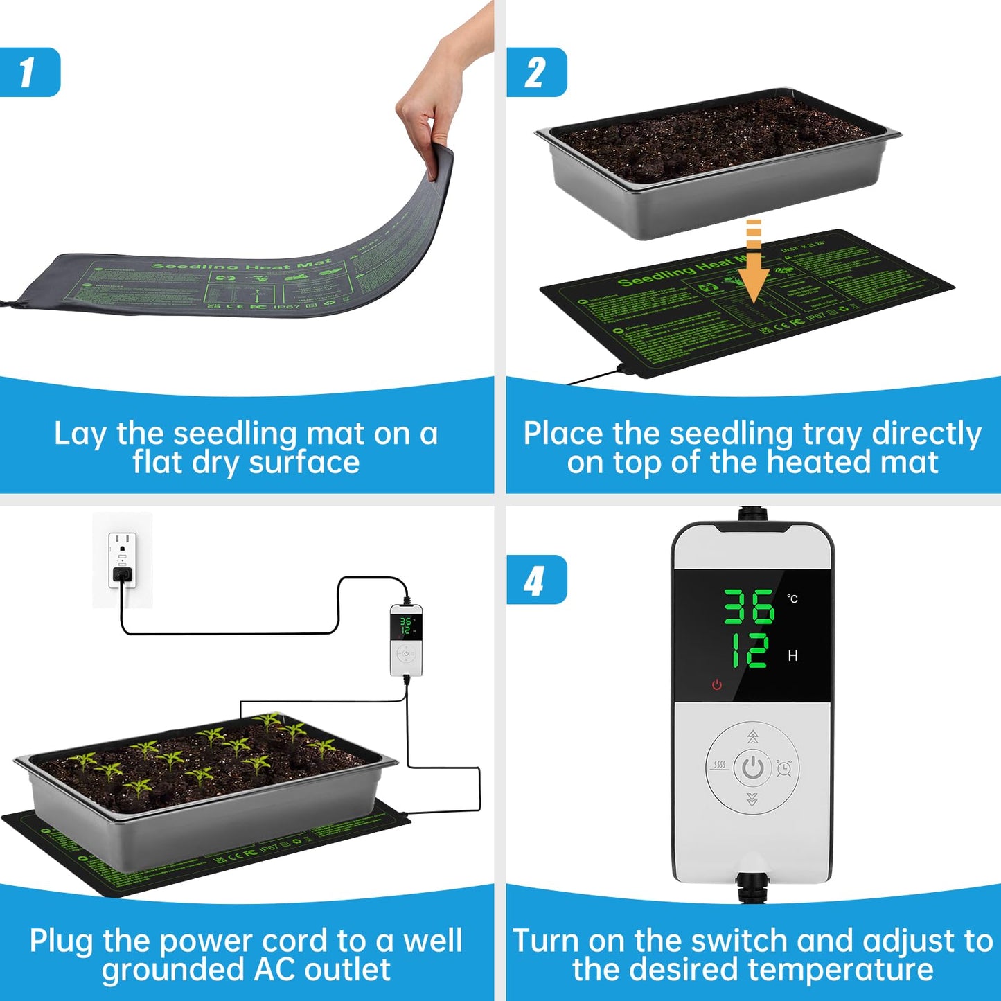 WADEO Heat Mat for Plants 54 X 27 cm, 30W Seedling Heat Mat with Thermostat 5 to 45?C, Waterproof & Durable Plant Heat Mat with Timing Function 0-12H,