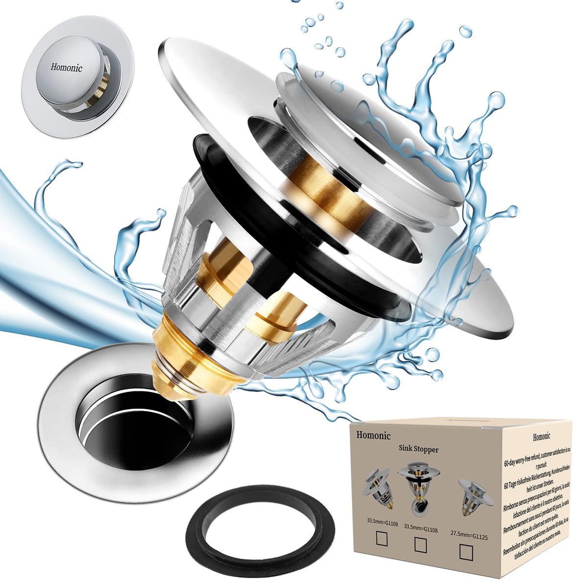 Universal Sink Plug Replacement & Bathroom Sink Drain Stopper, Basin Plug Made of Pure Copper,Drain Plug,Bathroom Sink Stopper Pop Up with Double Seal