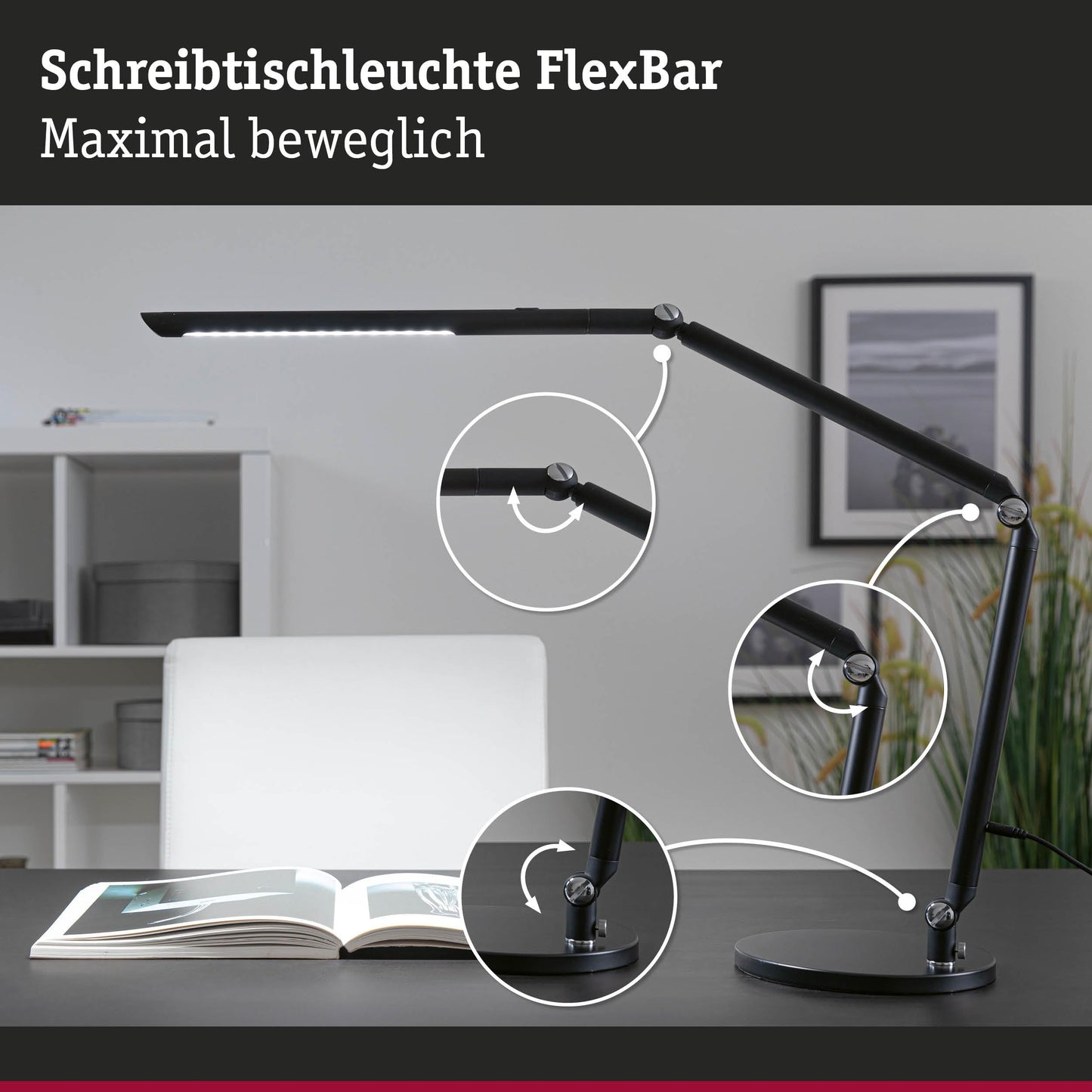 Paulmann 78912 LED Desk Lamp FlexBar White Switch Tunable White Including 1 x 10.6 Watt Dimmable Assistance Lights Black Table Lamp 3000 K