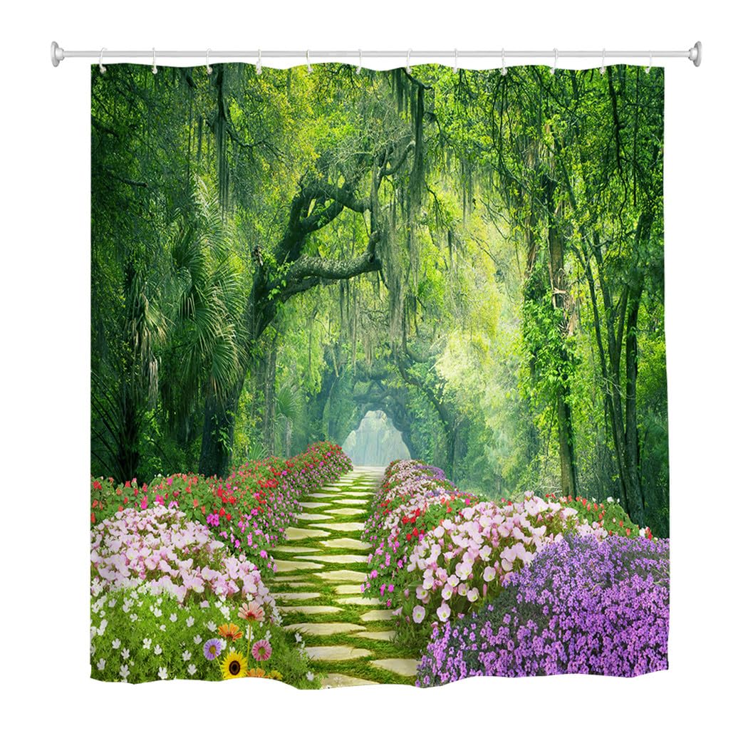 goodbath Garden Shower Curtain, 3D Outdoor Shower Curtains Forest Trees Rose Flowers Floral Anti Mould Waterproof Bath Curtains for Bathroom Wetroom