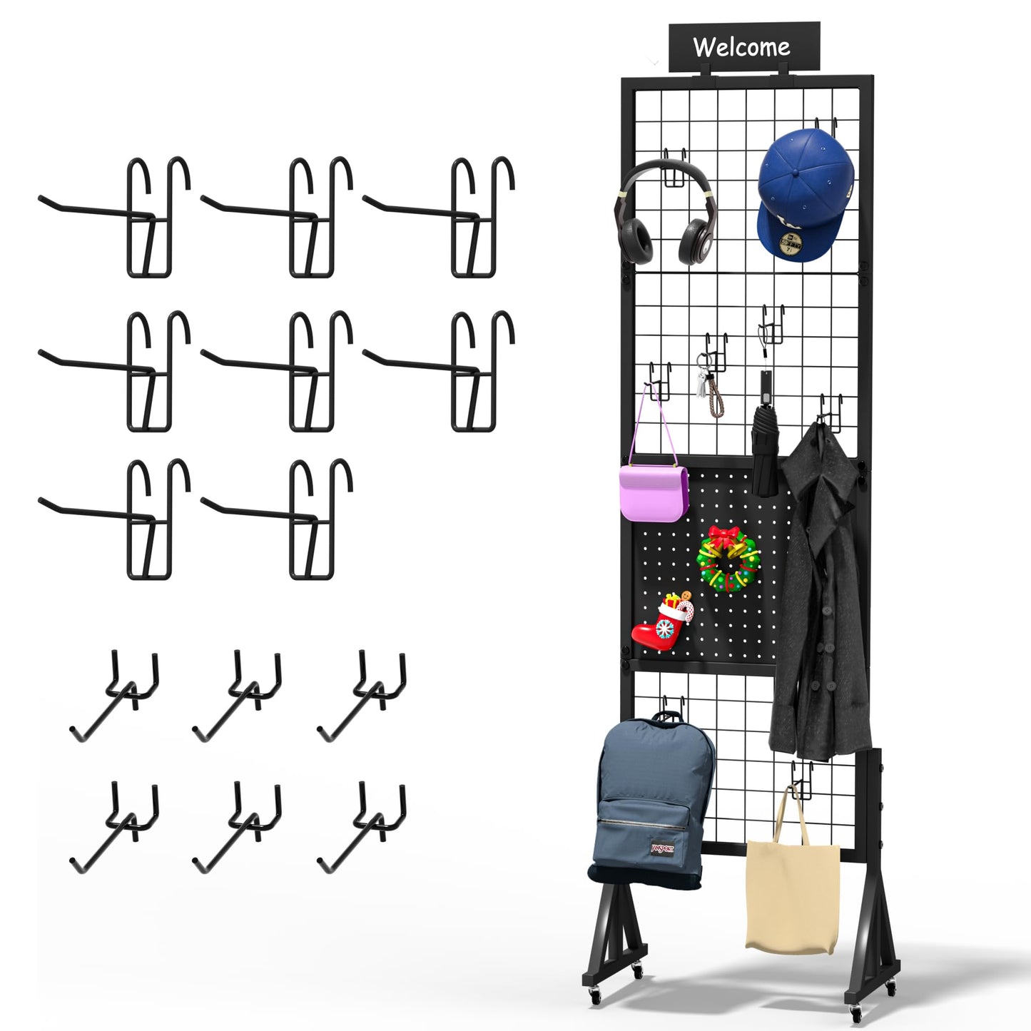 Alyoen Grid Wall Panels, Gridwall Panel Display Stand with Notice Board, Movable 5.1 x 1.4 Ft Floorstanding Wire Grid Rack