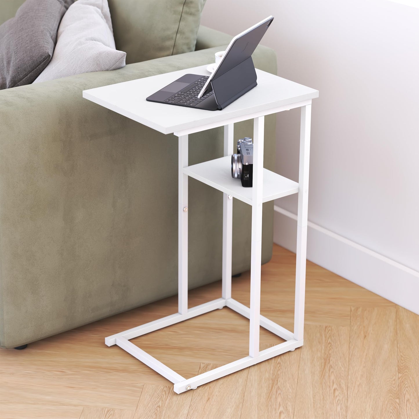 Yusong C Shaped End Table, Side Tables Slide Under Sofa Couch Bed, Small TV Tray Bedside Table for Small Spaces, Living Room, Bedroom, White