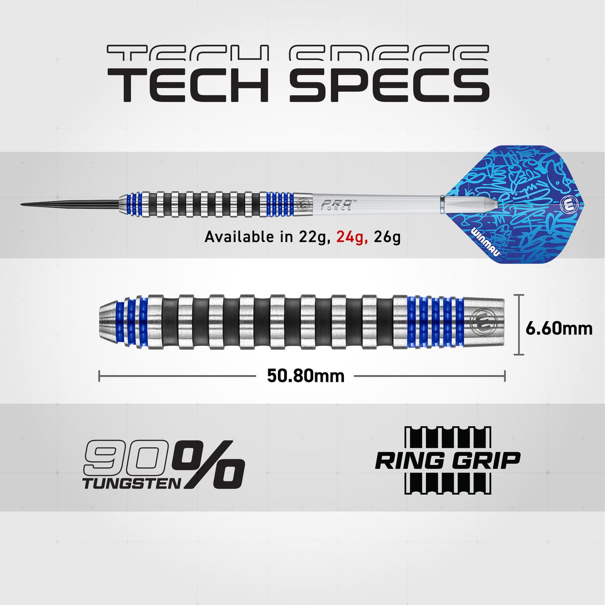 WINMAU Advance 500 Series Tungsten Blue 24 Gram Steeltip Darts Set with Flights and Shafts (Stems)