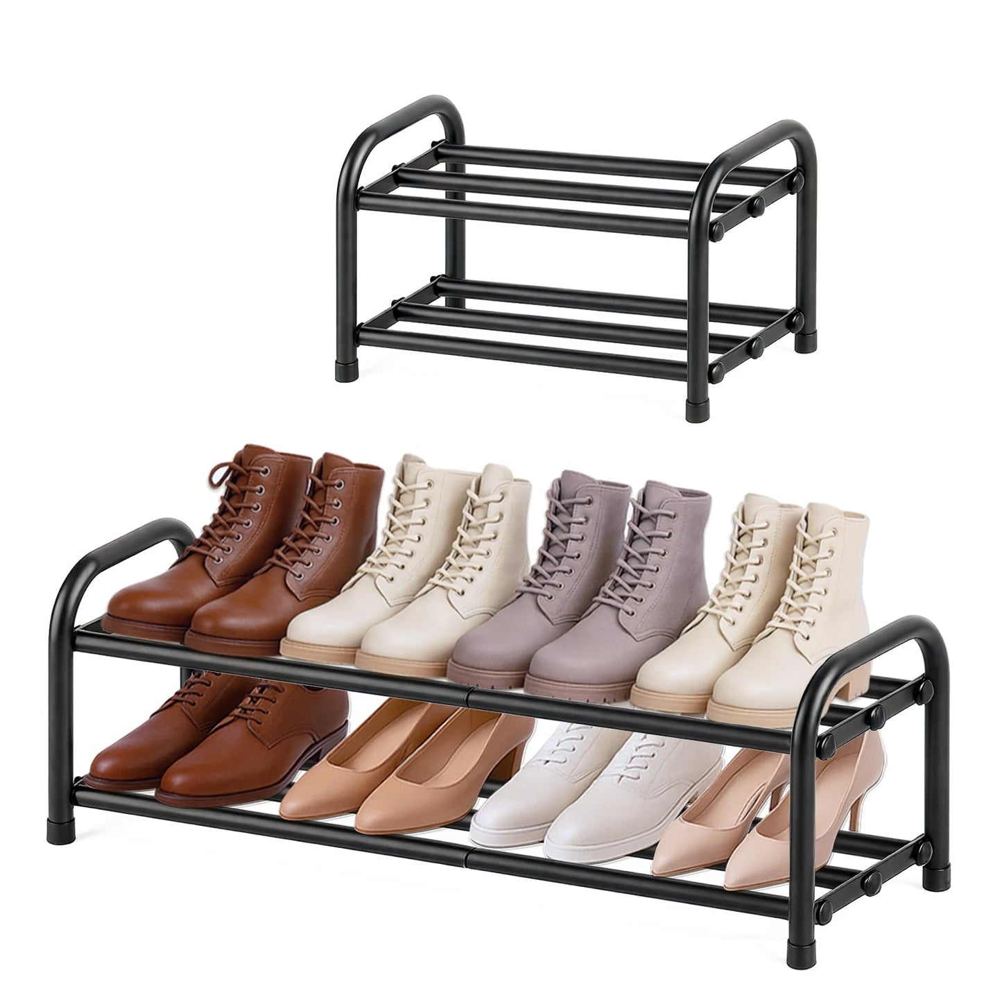 MIKVOYO 2 Tier Extendable Small Shoe Rack, Black Metal Adjustable Shoe Storage Racks for Inside Wardrobe Closet, Narrow Spaces, Hallway, Bedroom