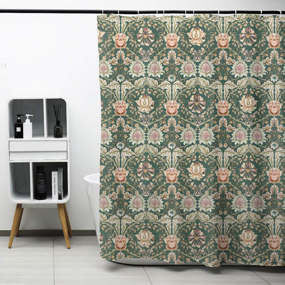 Obal William Morris Honeysuckle Shower Curtains, Green Background Bathroom Curtains Water Repellent Mould Proof Resistant Washable Polyester Heavy