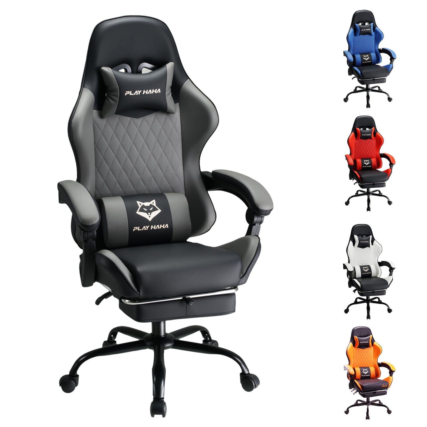 play haha Gaming Chair Ergonomic Reclining Seat With Footrest Adjustable Headrest And Lumbar Cushion High Back Support Padded Armrests Faux Leather