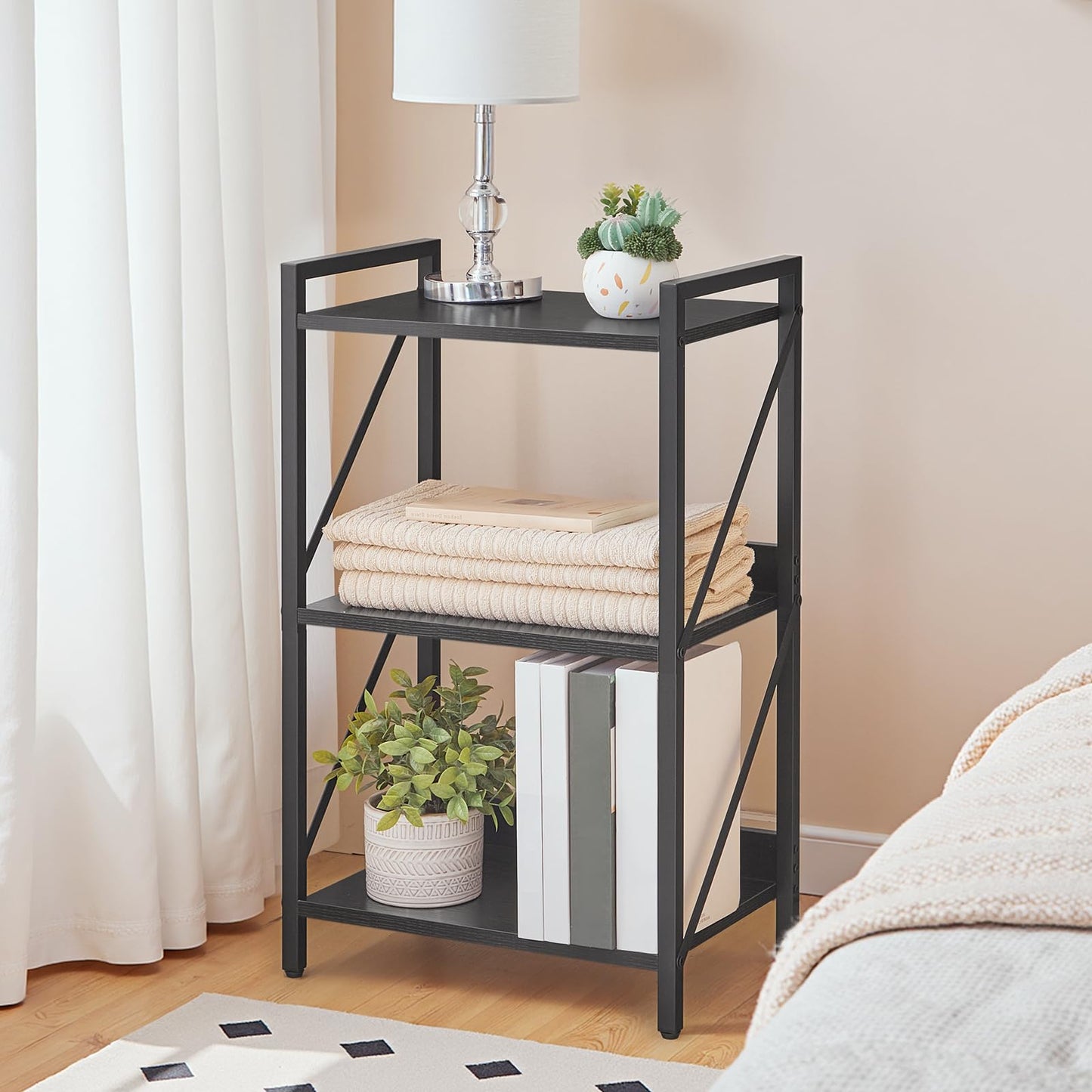 HOOBRO 3-Tier Bookshelf, Industrial Corner Bookcase, Display Rack, Metal Frame, for Living Room, Bedroom, Office, Kitchen, Entryway, Black EBB71SJ01
