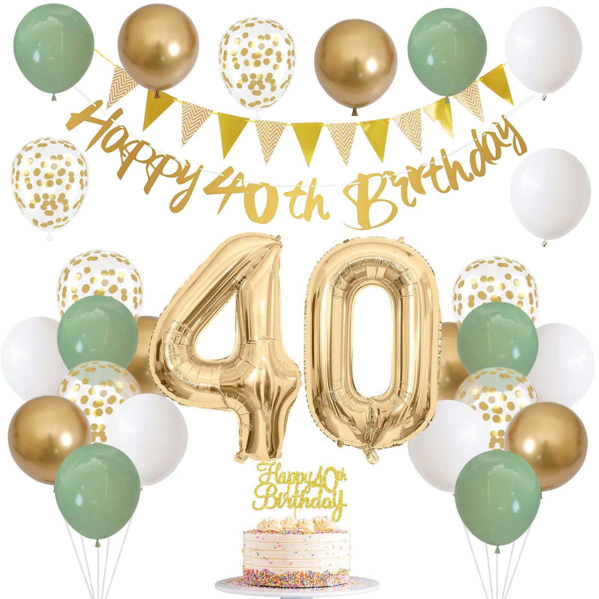 40th Birthday Decorations for Women Men, Sage Green White Gold Balloons With Happy 40th Banner, Cake Topper, Number 40 Foil Balloon for 40 Year Old