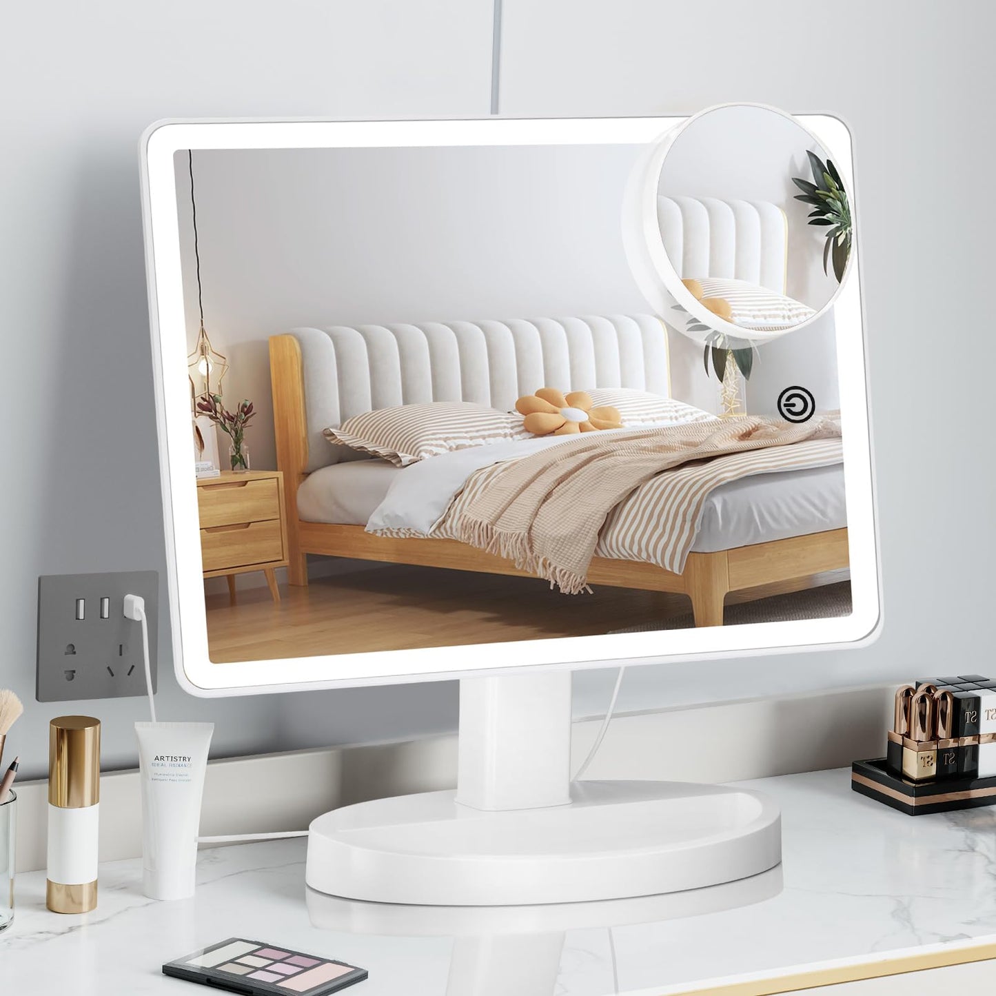 FUNTOUCH Large Lighted Makeup Mirror with Lights, 3 Color Lighting Modes Light up Mirror with 88 LED, 10X Magnification and 360Rotation,Dual Power
