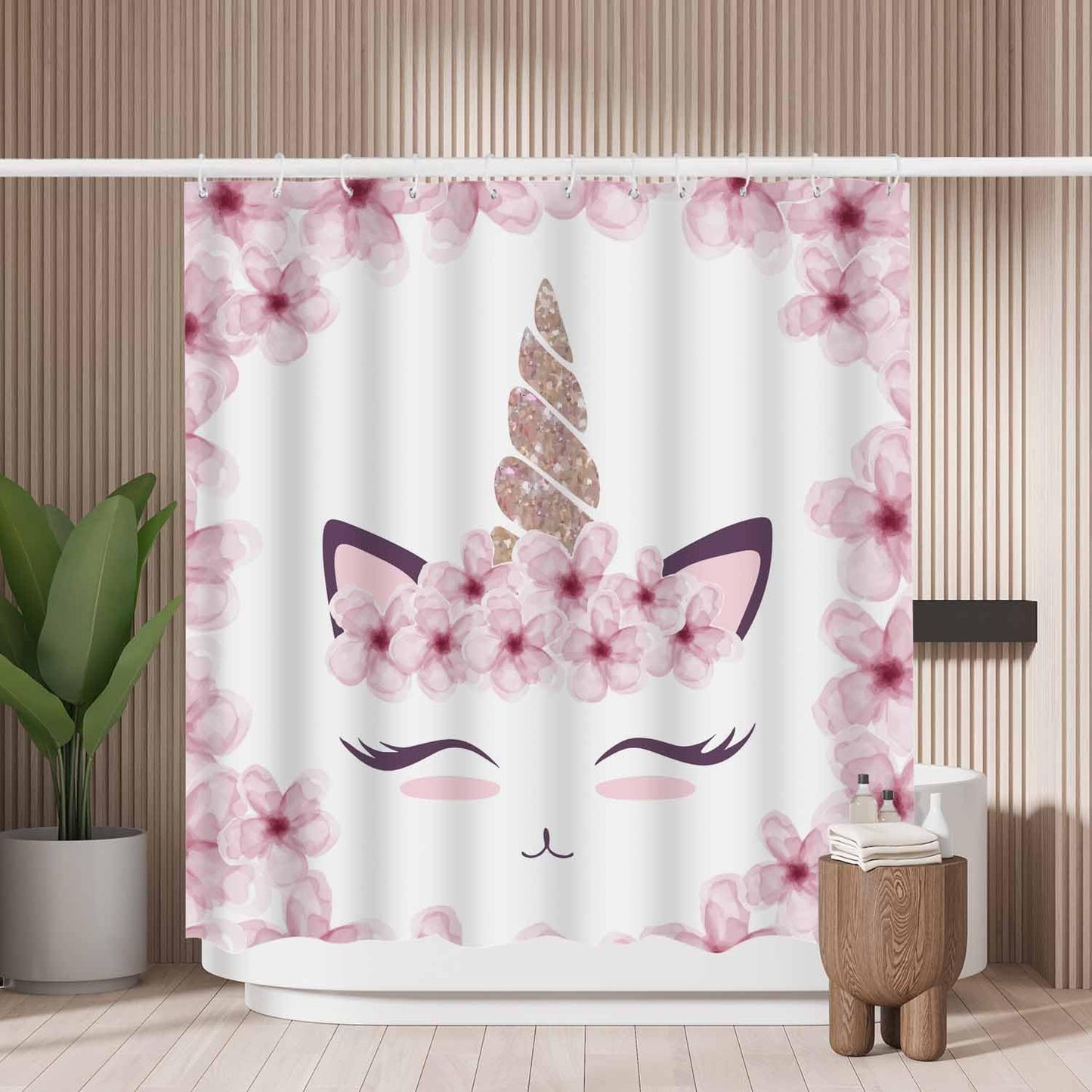 Woutay Shower Curtain Mould Proof Resistant Pink Unicorn and Flowers,Water Repellant Fabric,Polyester,with 12 Plastic Hooks