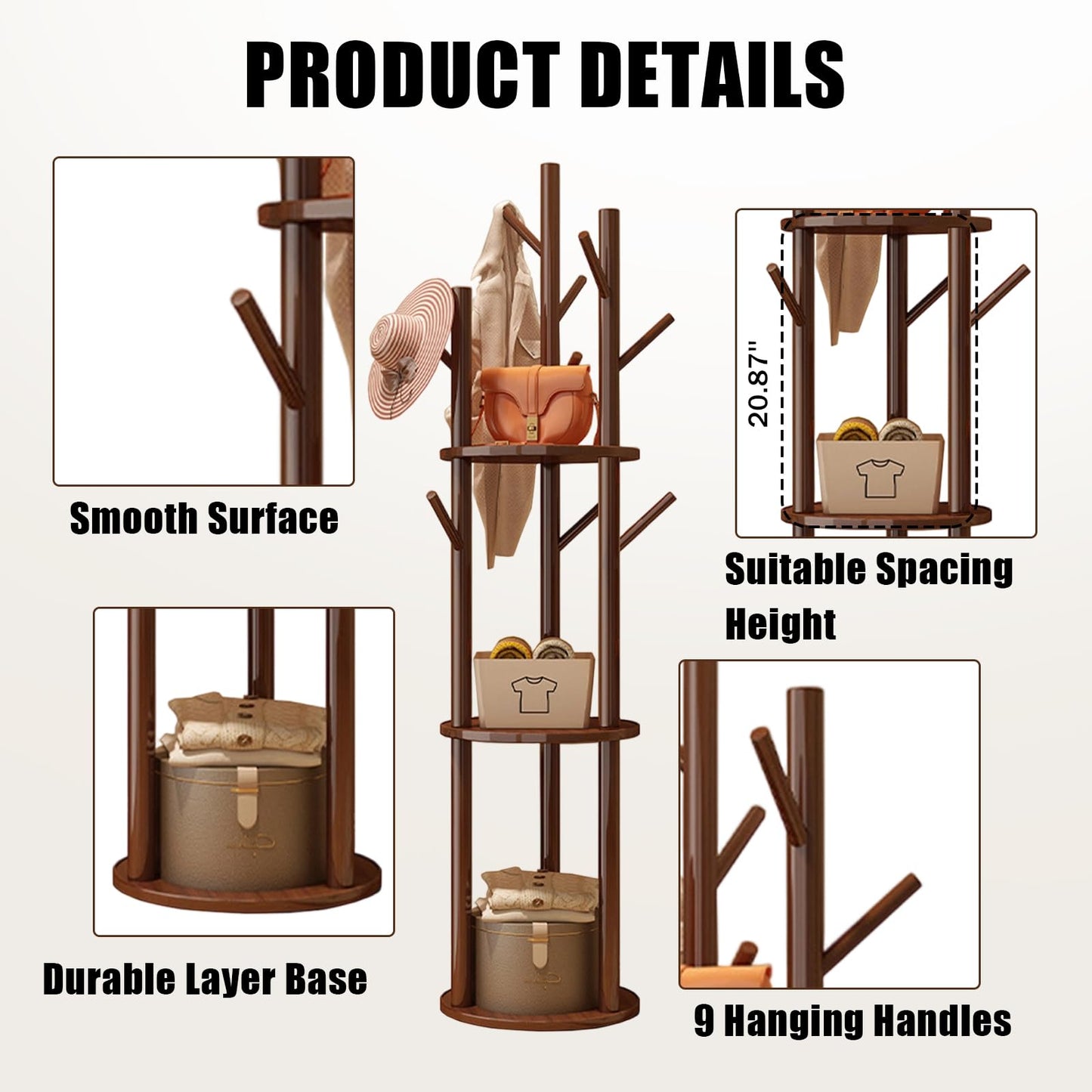 Simcat Freestanding Wooden Coat Rack 8 Hooks 3 Tier Storage Shelf Walnut