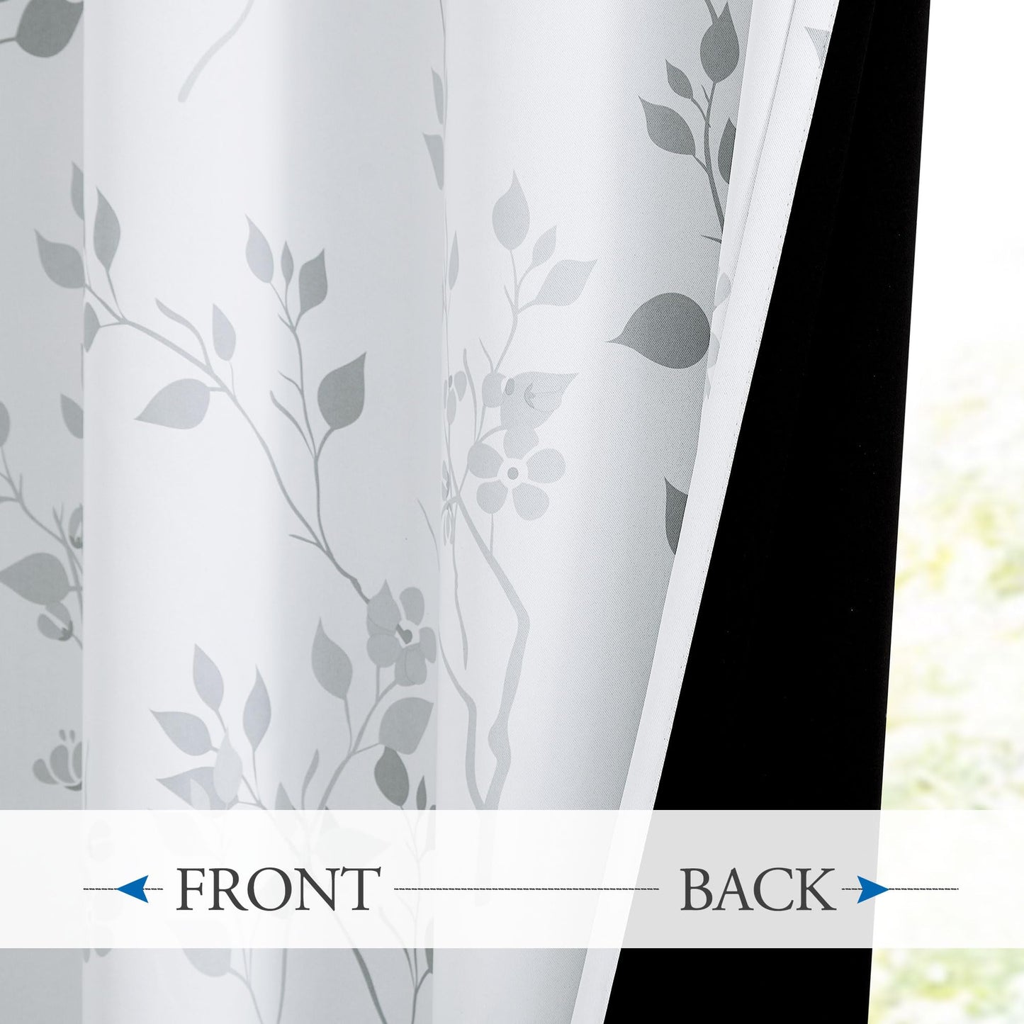 Beauoop Grey Floral Blackout Curtains for Bedroom Living Room 72 Inch Drop Leaf Print Eyelet Curtain Botanical Thermal Insulated Noise Reducing Drapes