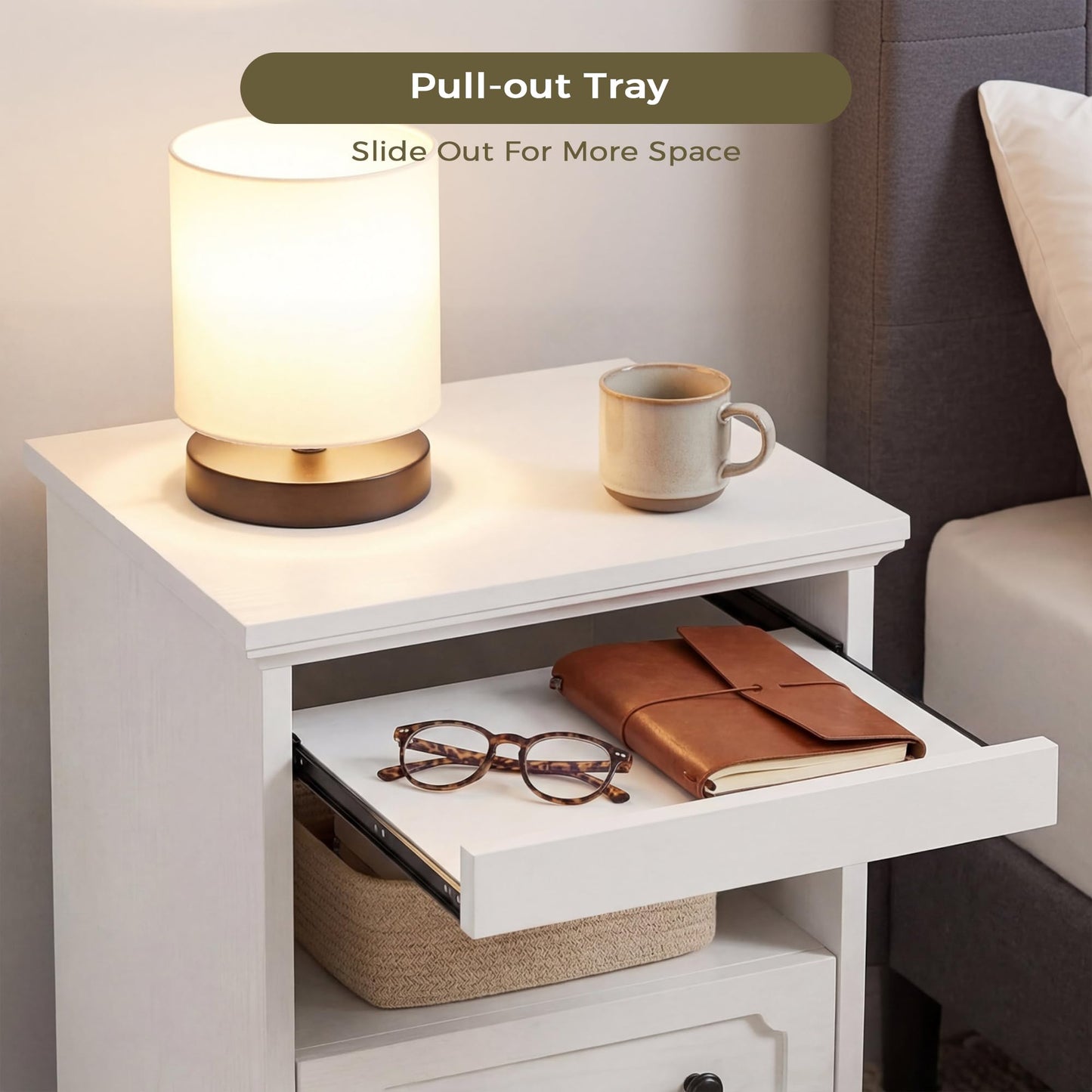IRONCK Bedside Table with 2 Drawers, Modern Nightstand with Open Shelf, End Table with Pull-Out Tray for Bedroom, Living Room, White