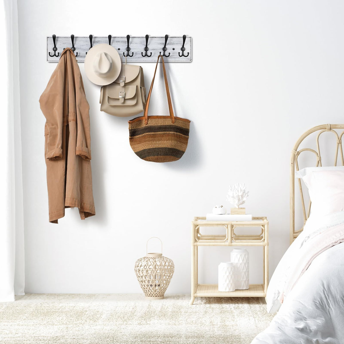 PHINGEER Wall Mounted Coat Hooks, Wooden Heavy Duty Coat Rack for Wall,8 Triple Coat Hanger Hooks for Hanging Coats,Jacket,Hat,Clothes(Grey White, 8