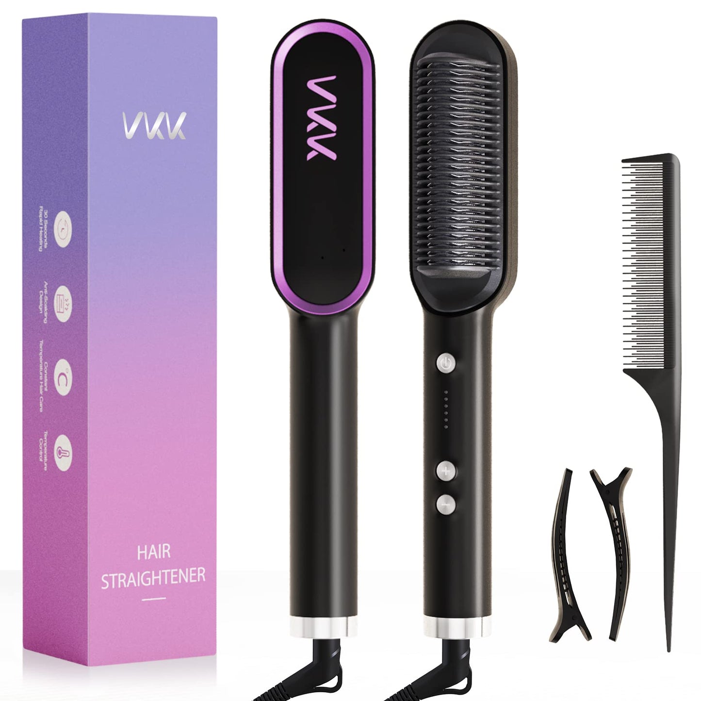 VKK Hair Straightener Brush, Hair Straightener Comb with 25s Fast Heating Ceramic PTC, 5 Temp Settings & Anti-Scald, Straightening Brush for Women,