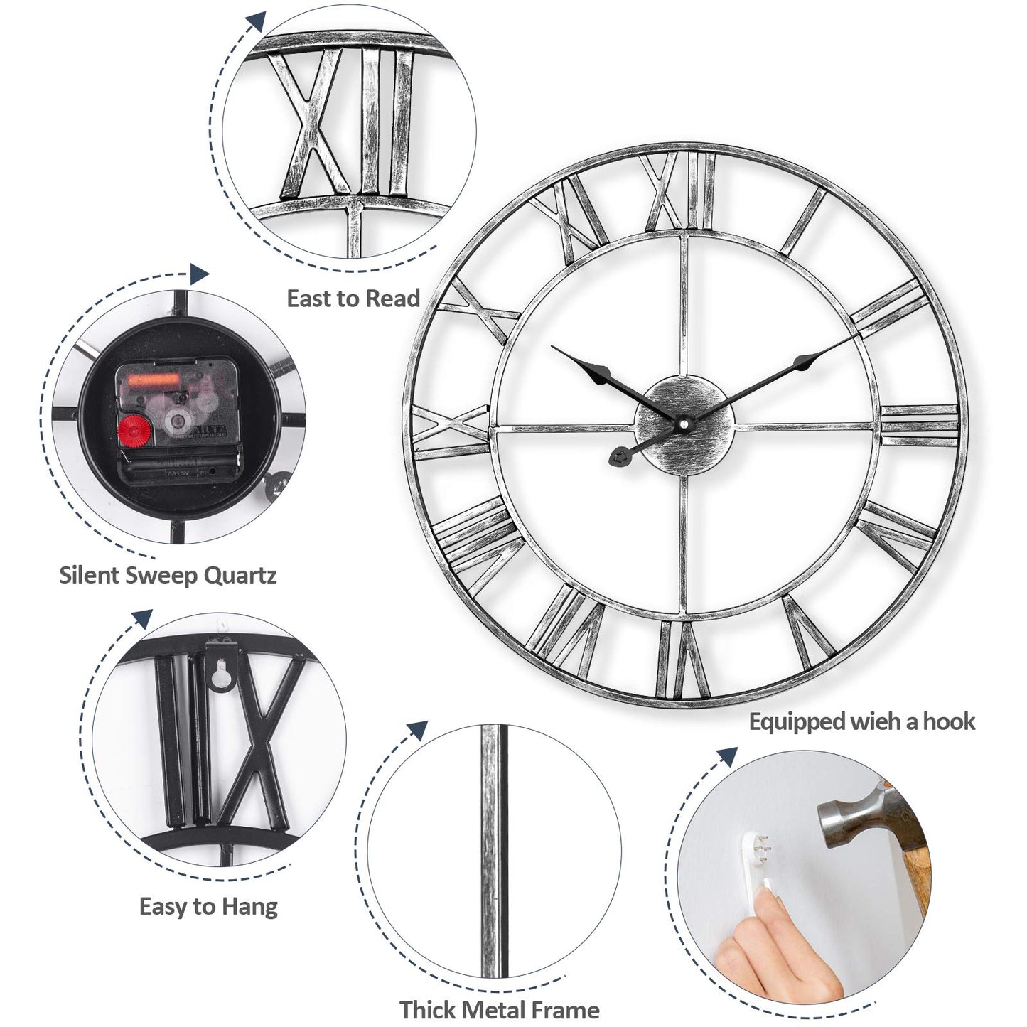 LENAUQ Silent Metal Skeleton Wall Clock, 47cm European Farmhouse Vintage Clock with Roman Numeral, Non-Ticking Battery Operated Hanging Wall Clock for