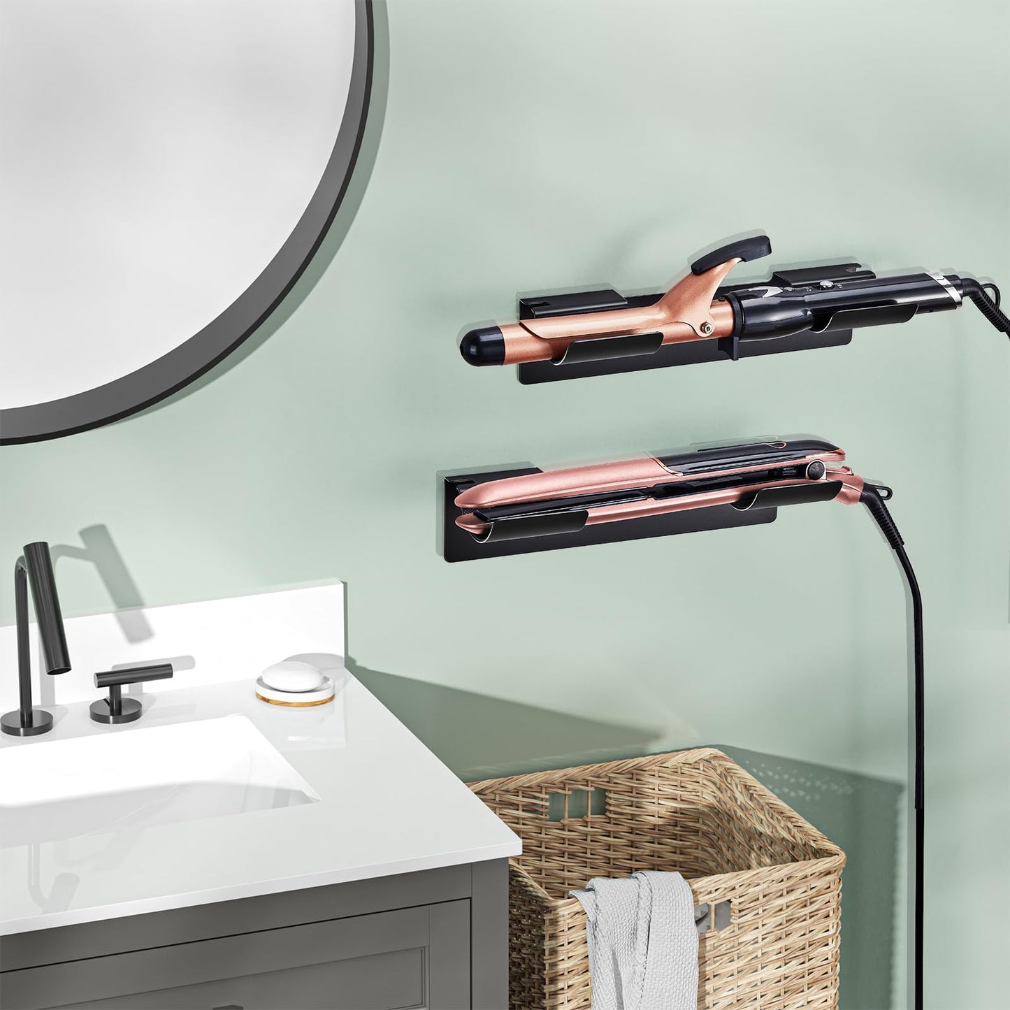 2 PCS Hair Straightener Holder Wall Mount, Adhesive Metal Hair Dryer Holder for Storage Curling Tong Straighteners Hair Brush Accessories