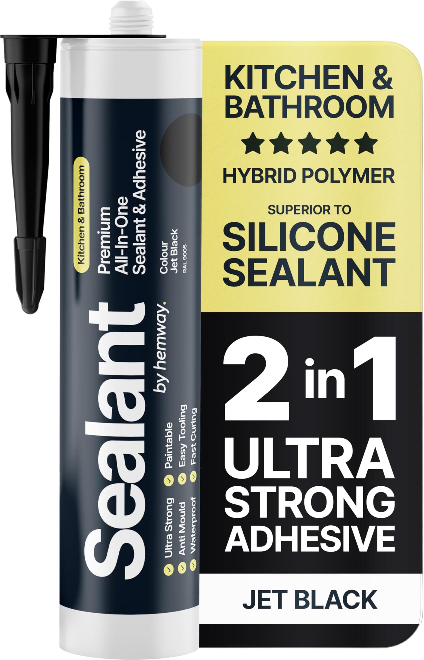 Jet Black Kitchen & Bathroom Sealant & Adhesive Hybrid Polymer | Superior to Bathroom Silicone Sealant | Waterproof, Odourless, Anti-Mould | Ideal For