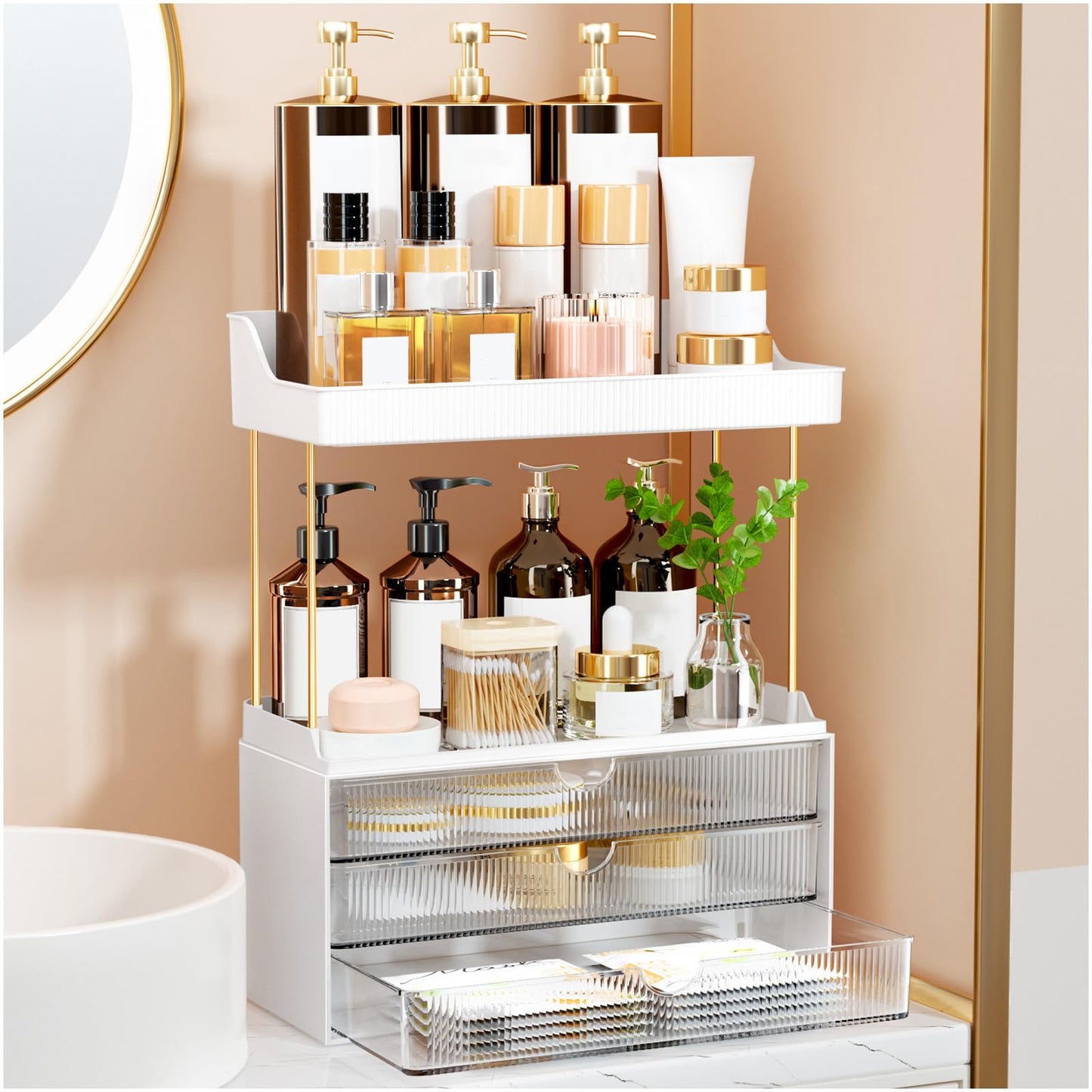 OrderlyGo Makeup Organiser - Upgrade 2 Tier 3 Drawers Large Vanity Organisers, Versatile Cosmetic Storage, Exquisite Bathroom Organiser Storage,