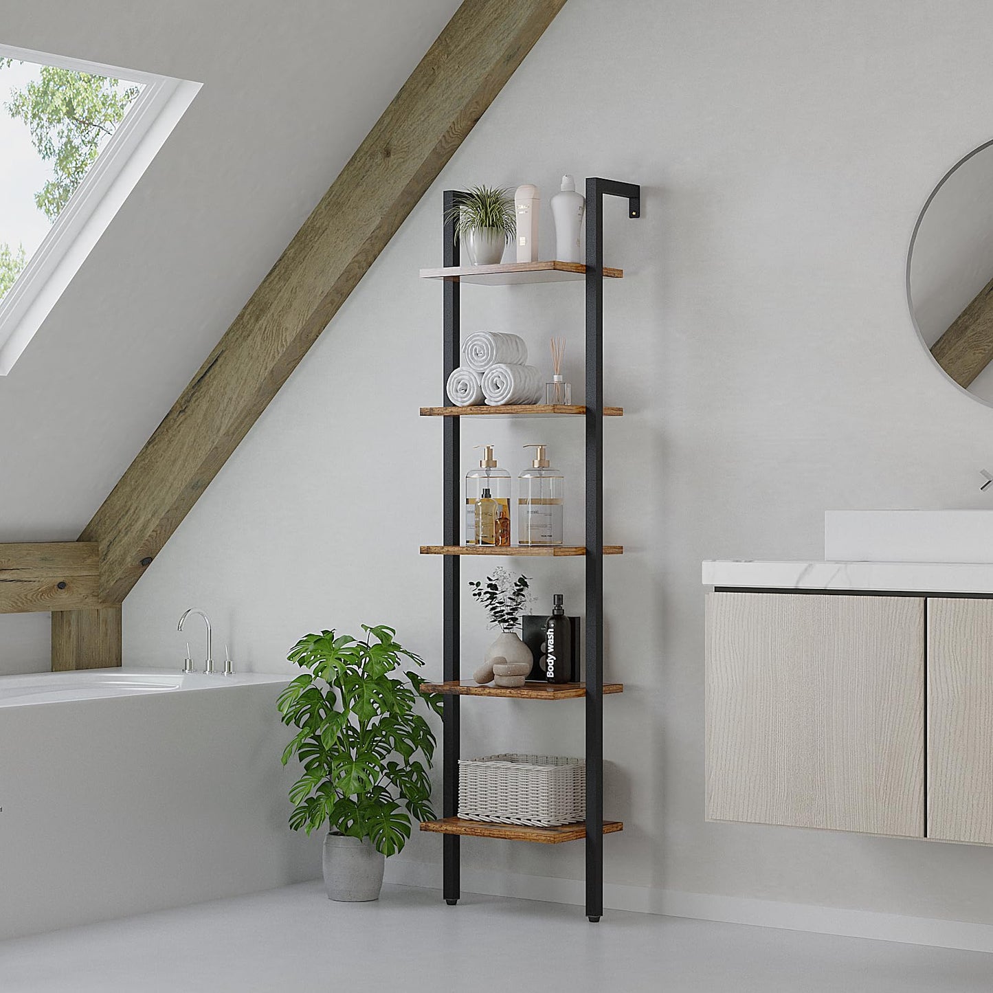 YMYNY Bookshelf Wall Mounted, Ladder Shelf, 5-Tier Bookcase Rack, Storage Unit with Metal Frame, Industrial Floating Wall Shelf for Living Room,