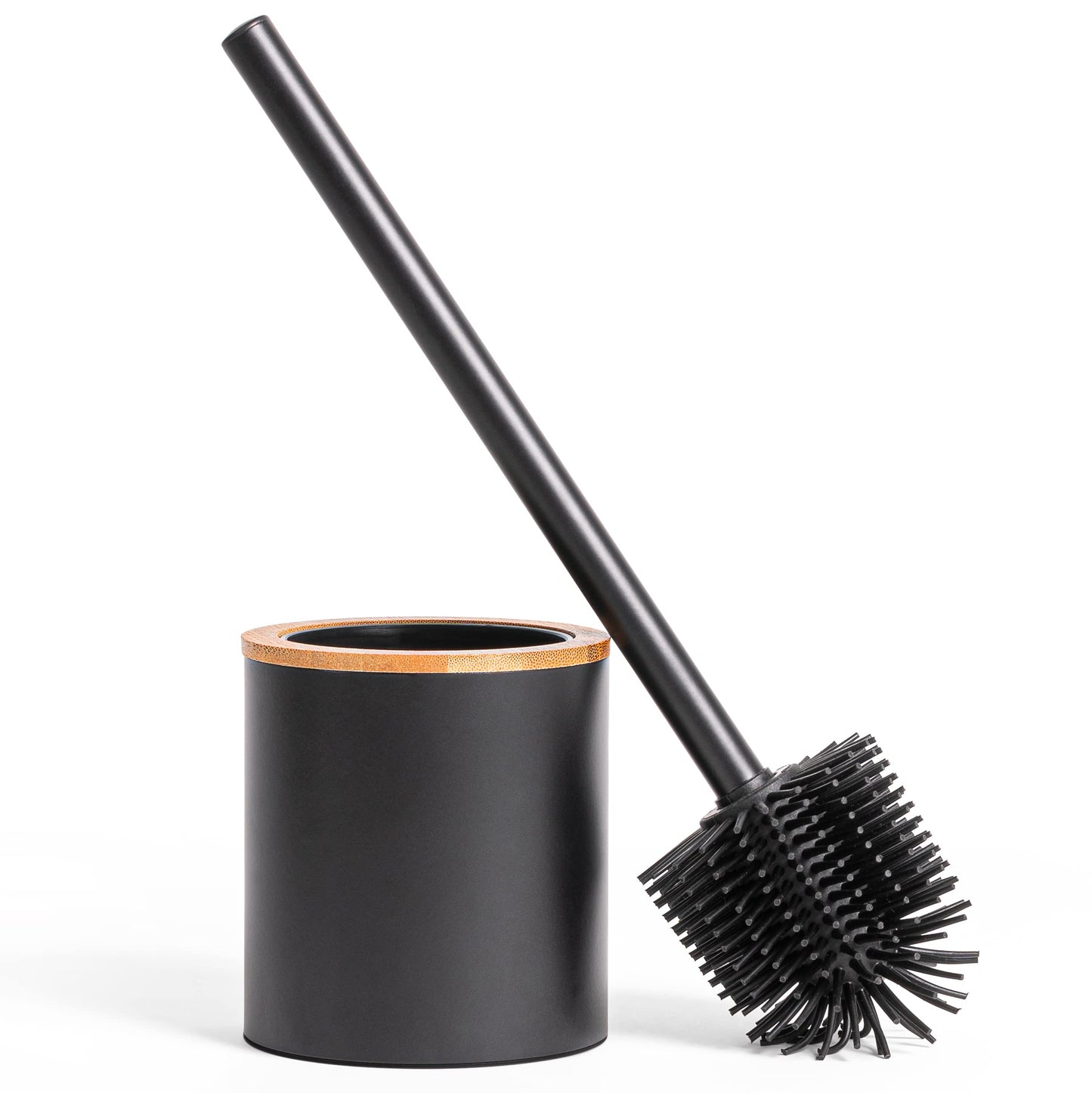 KAZAI.? Silicone Toilet Brush & Holder in Wooden Optic | Stainless Steel Handle with Silicone Head | Metal Stand with Bamboo Accent | Rubber Bathroom