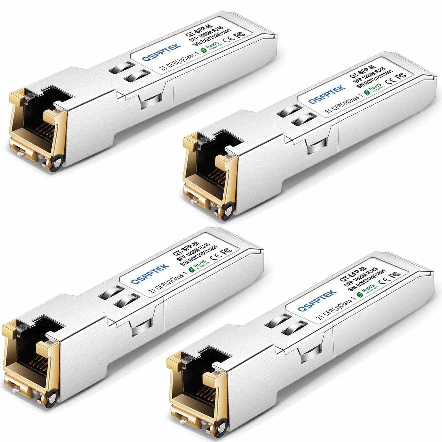 QSFPTEK 4Pack 1000BASE-T RJ45 Copper SFP Transceiver, Gigabit SFP to RJ45 1G SFP-T Module for Cisco GLC-T/SFP-GE-T, Ubiquiti UF-RJ45-1G, Meraki