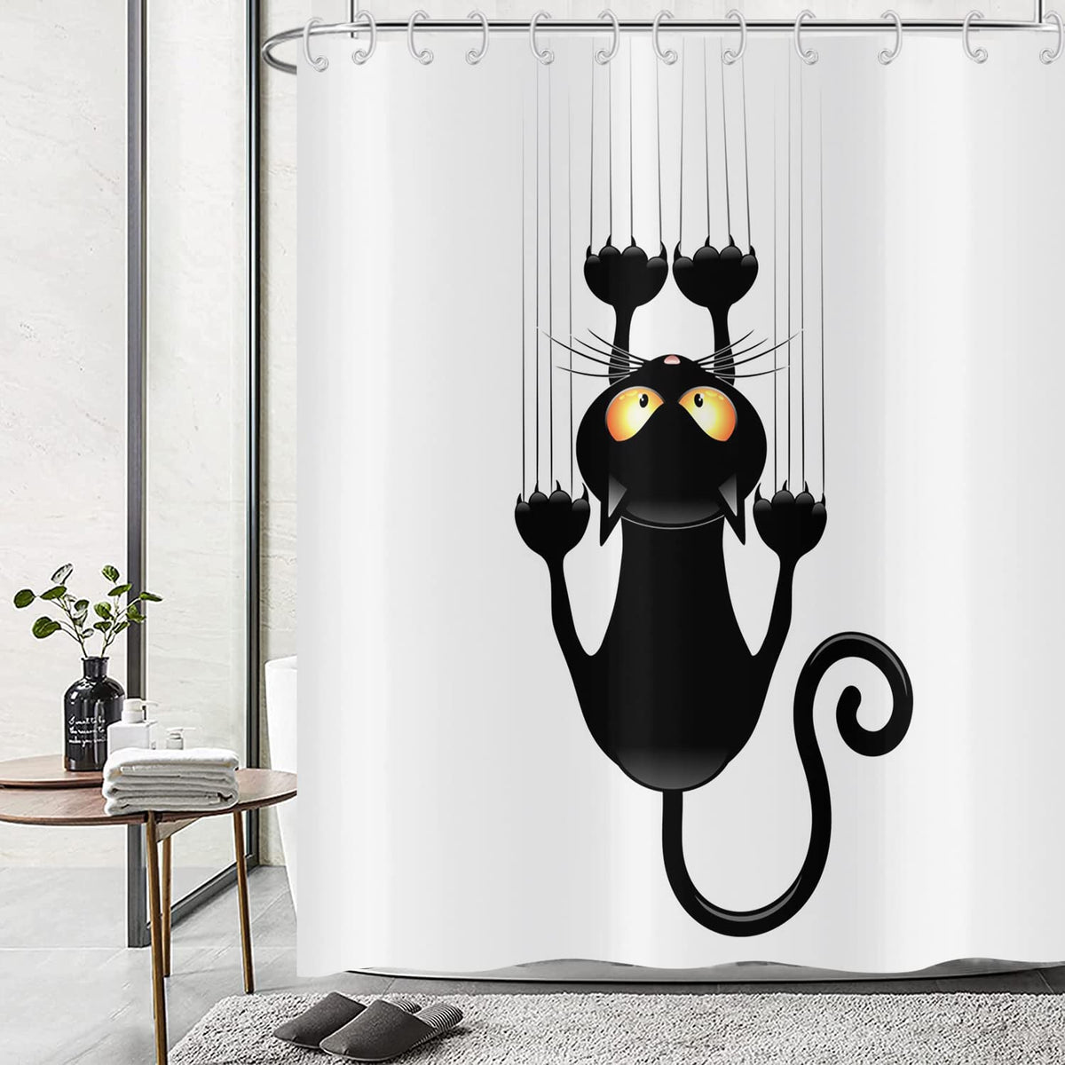 Hnmdmyi Funny Cat Shower Curtain 180x180, Black Kitten Scratching the Wall Bathroom Curtains Kids Cute Cartoon Animal Black and White Minimalism Art