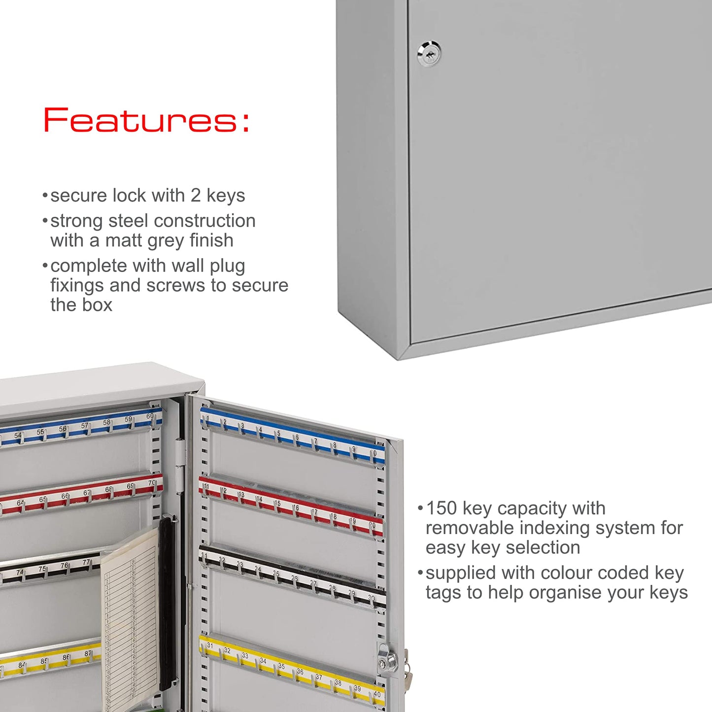 Sterling KC150H Single Door Key Cabinet with 150 Hooks, Grey