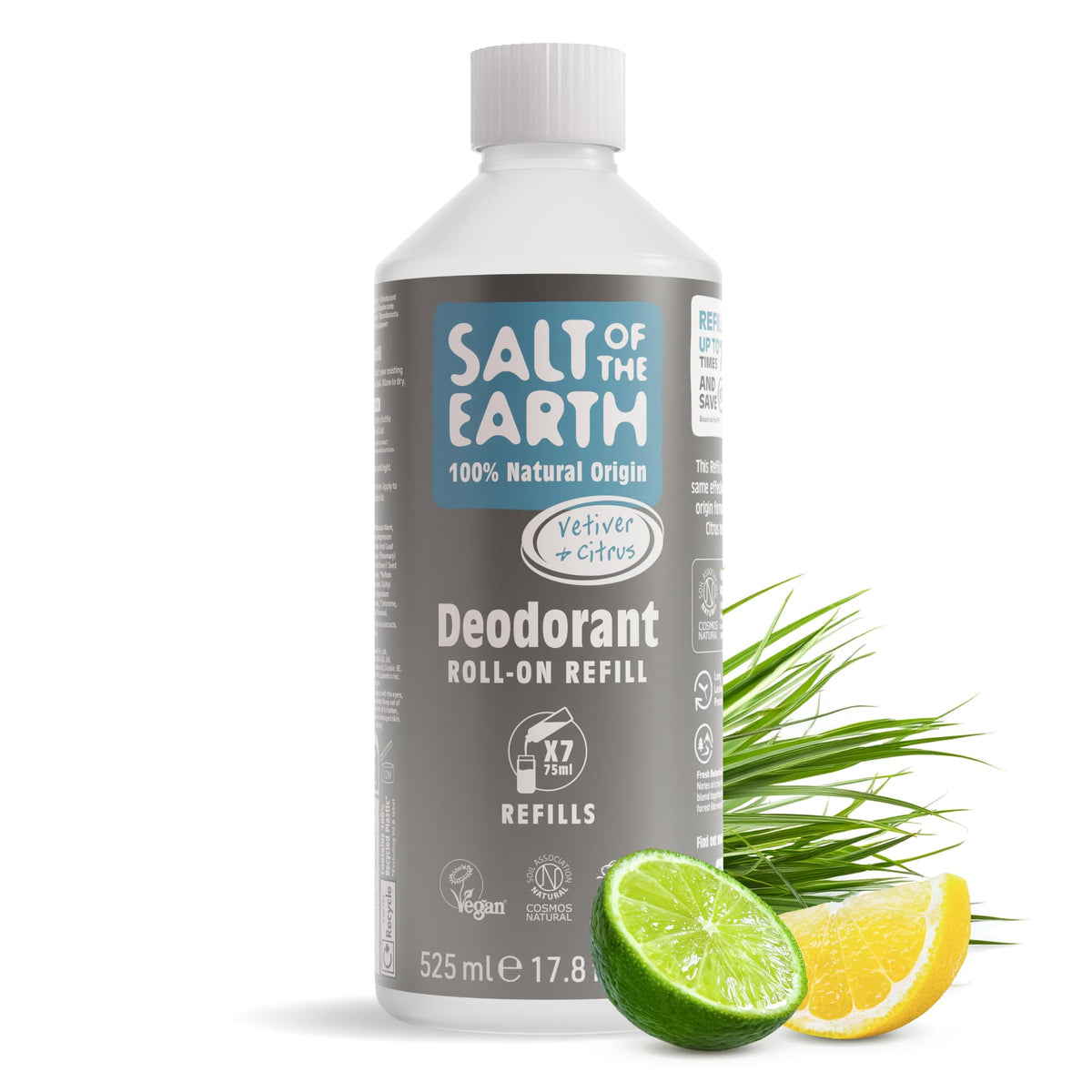 Salt of the Earth - Natural Deodorant Roll on Refill - x7 Uses - Vetiver & Citrus - 100% Natural Origin Ingredients - Vegan - Suitable for Men, Women