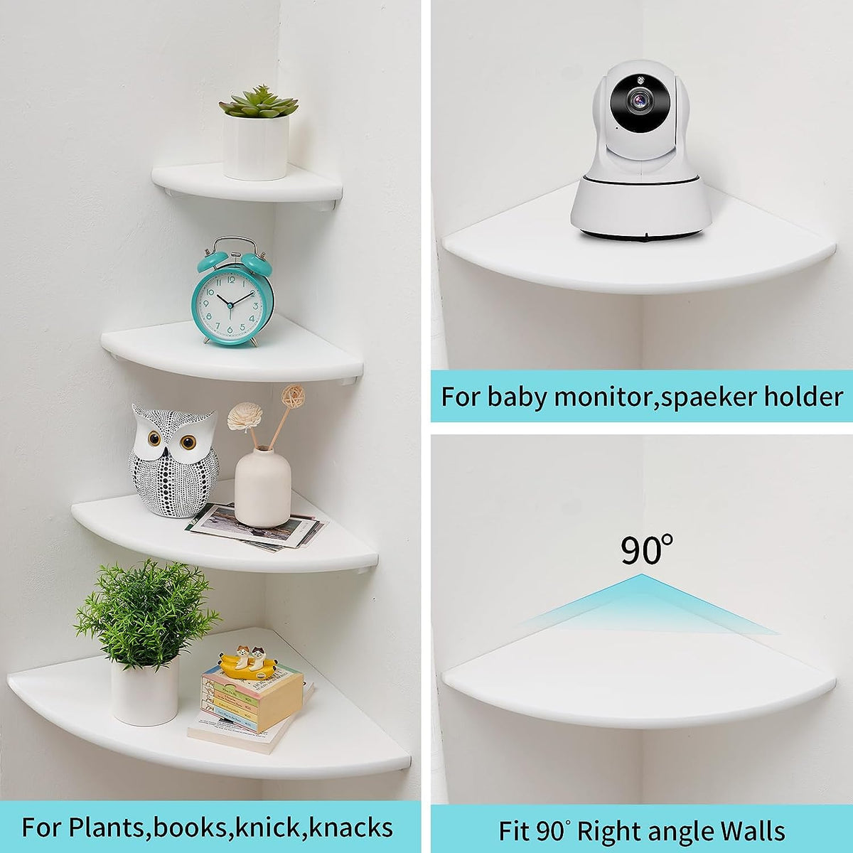 GIEANOO White Corner Shelf Wall Mount, Solid Oak Wood Set of 2 Floating Corner Shelf Round End Floating Speaker Shelf With Wire Hole Shelf for Small