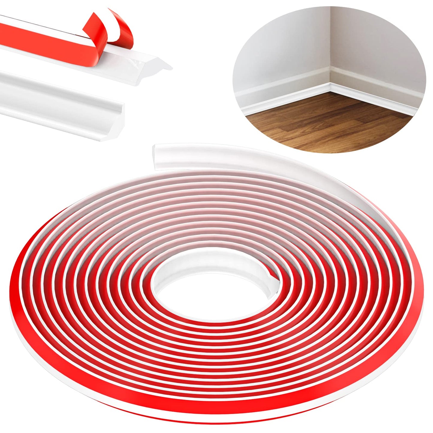 TPE Quadrant Trim, 6M Flexible Moulding Wall Corner Edging Strip Self Adhesive, Skirting Board Trim, Caulk Strip Beading for Laminate Flooring, Wall