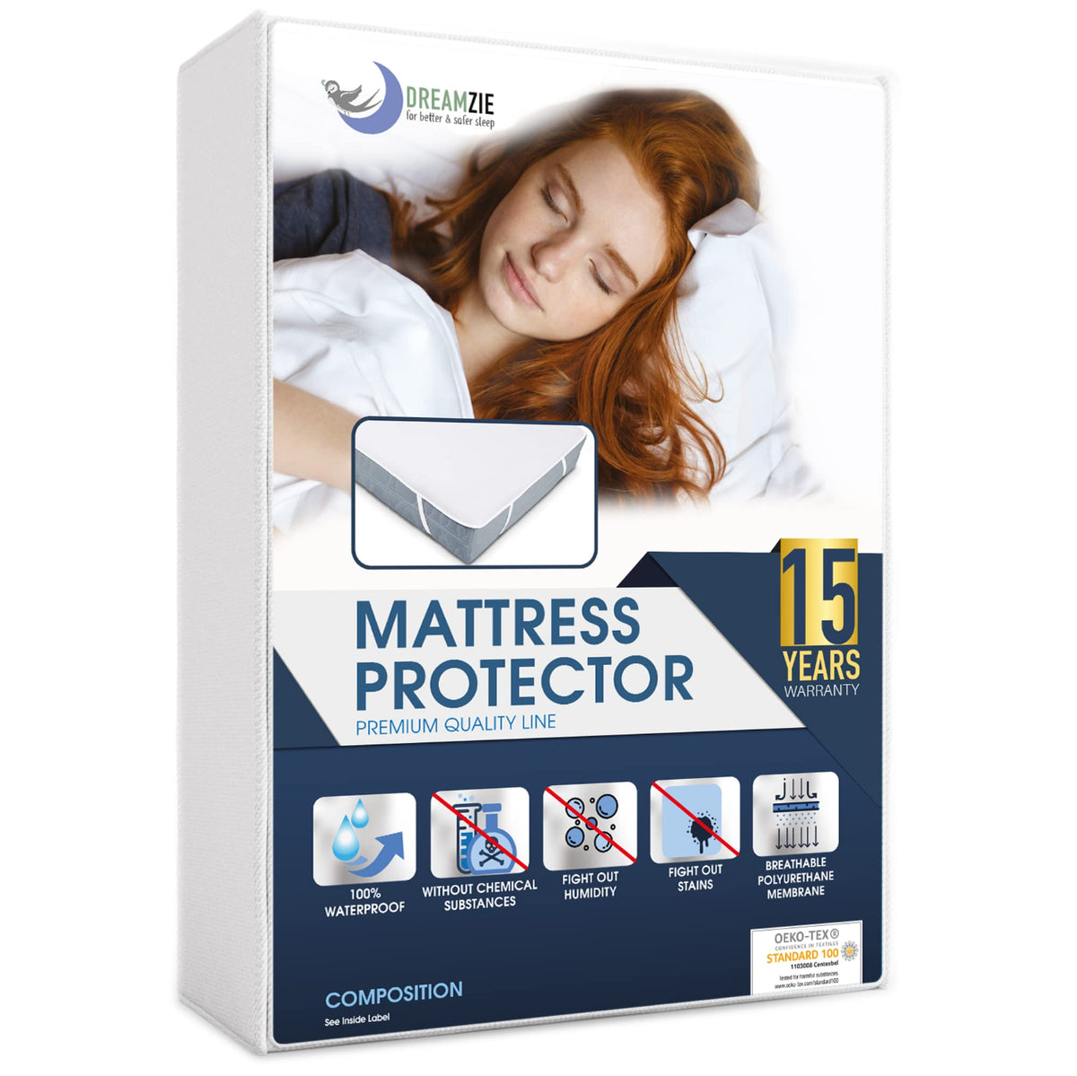Dreamzie Mattress Protector Waterproof with 4 Elastic Corners - Made in EU - OEKO-TEX® Certified- For Mattress 90 x 200 cm
