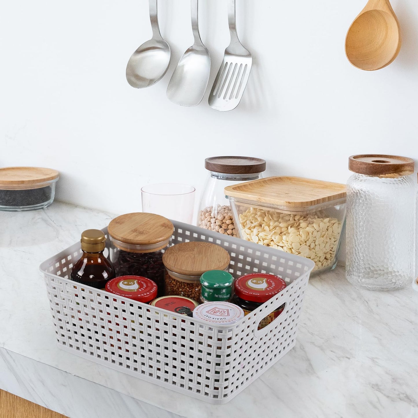 Farmoon 6 Pack Plastic Woven Storage Baskets, Cupboard Storage Basket, Grey