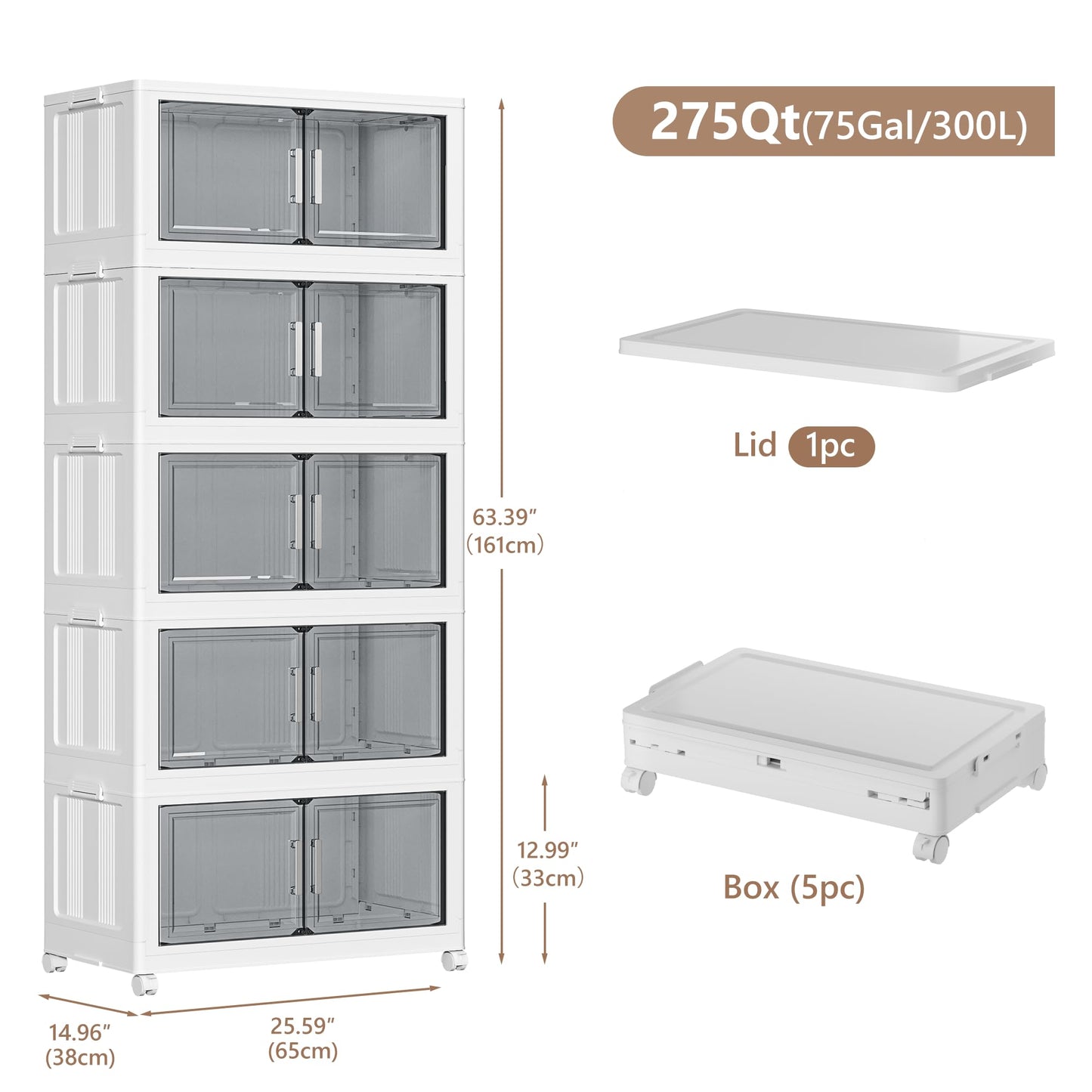 Naviconvex Storage Boxes with Lids, 5 Tier 300L Plastic Storage Box with Magnetic Doors and Wheels, Stackable Storages Boxes