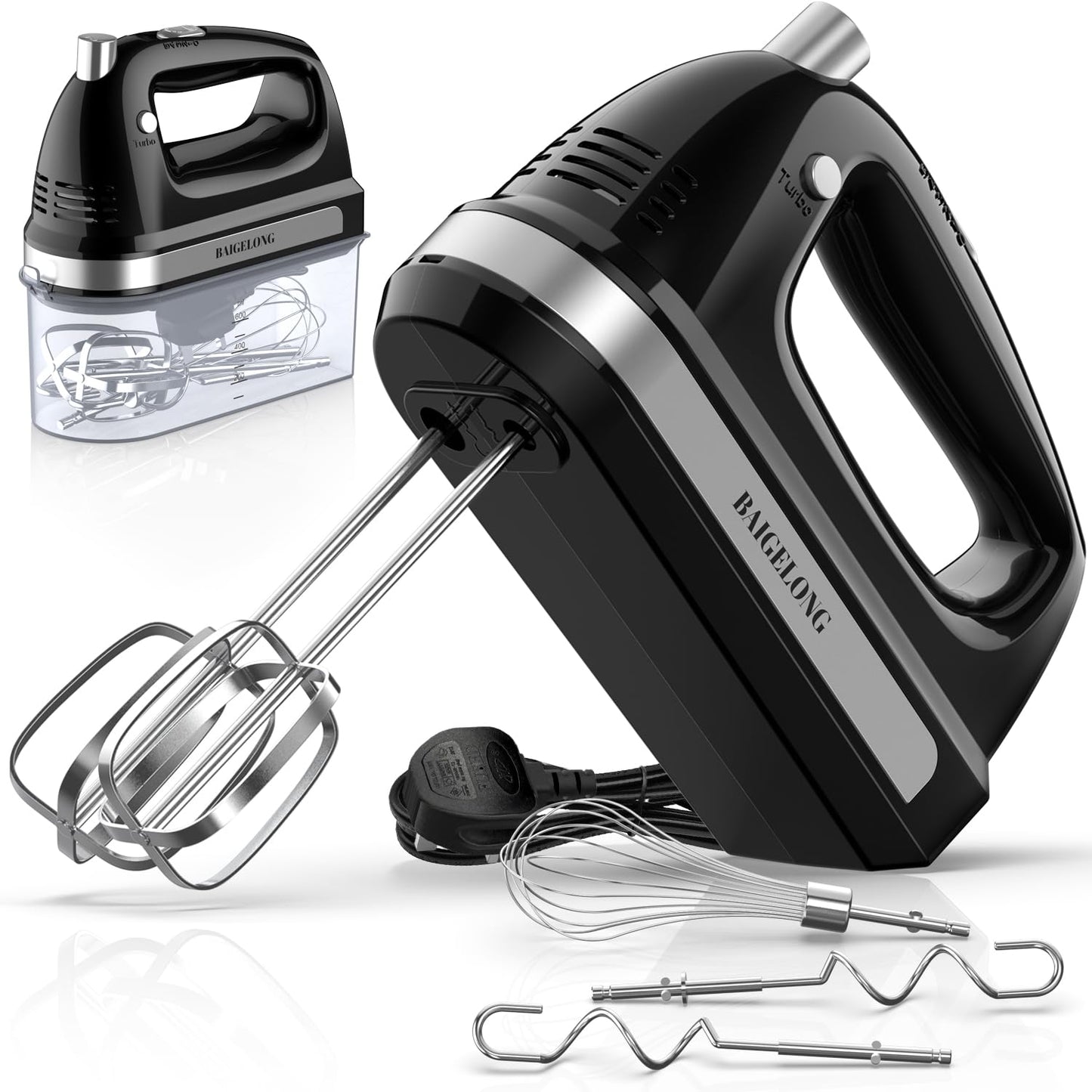 BAIGELONG Hand Electric Mixer, 300W Ultra Power Food Kitchen Mixer with 5 Self-Control Speeds + Turbo Boost, 5 Stainless Steel Attachments Handheld