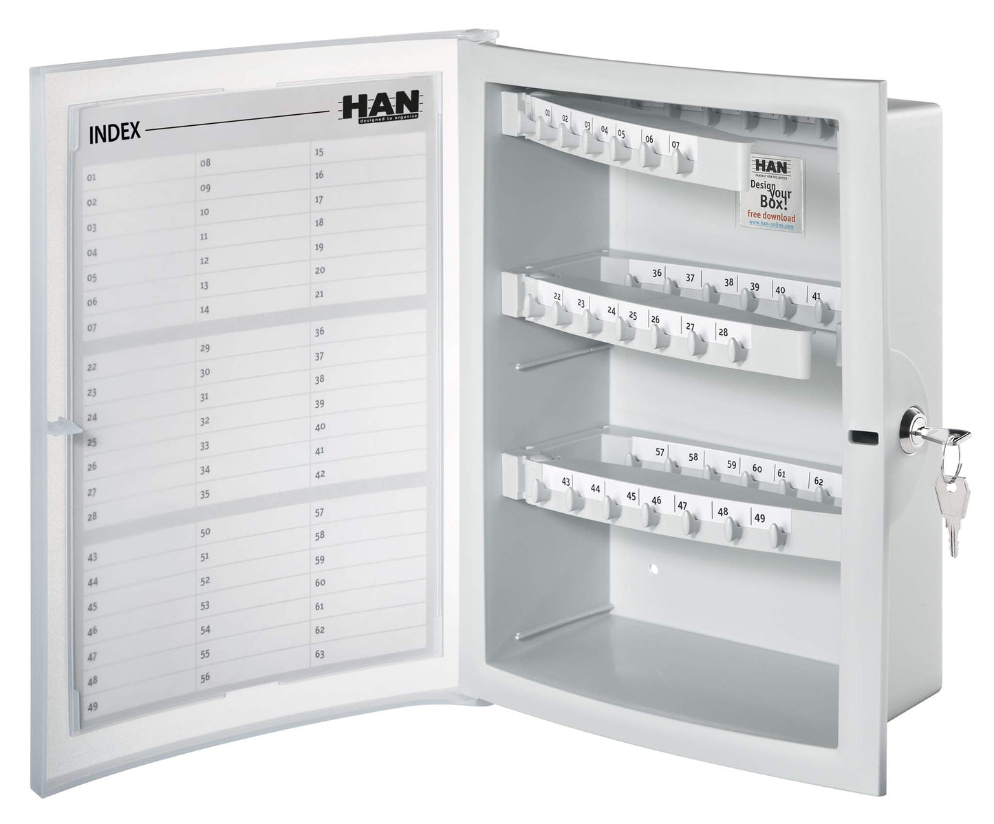 HAN 4023-11, Key cabinet INDEX. Individual design, functional, safe and lockable, large capacity for 63 keys, light-grey