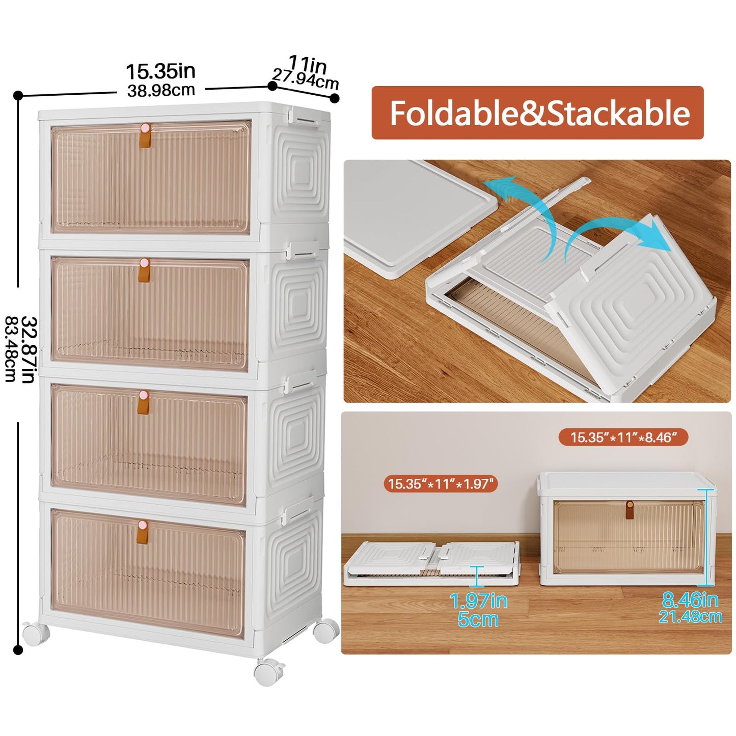 PurKeep Storage Boxes with Lid - 23L*4 Tier Plastic Storage Box with Lid, Stackable Storage Boxes with Wheels, Storage Drawers with Front Door,