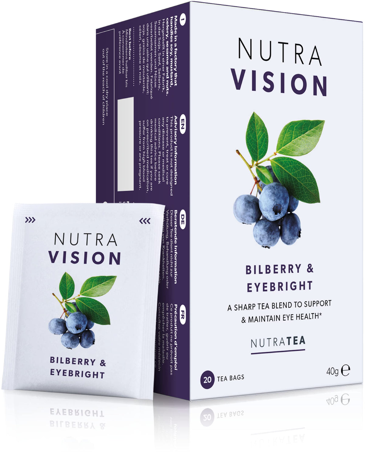 Nutra Tea NUTRAVISION - Eye Support Tea | Eye Care Health Supplement Teabags - Includes Eyebright, Bilberry & Green Tea - 60 Individually Wrapped Bags