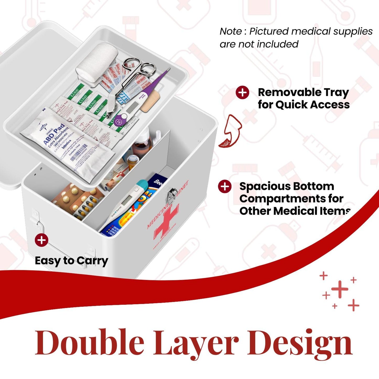 Flexzion First Aid Box Organizer Empty with Lock - 13" White Vintage First Aid Kit Tin Metal Medical Box