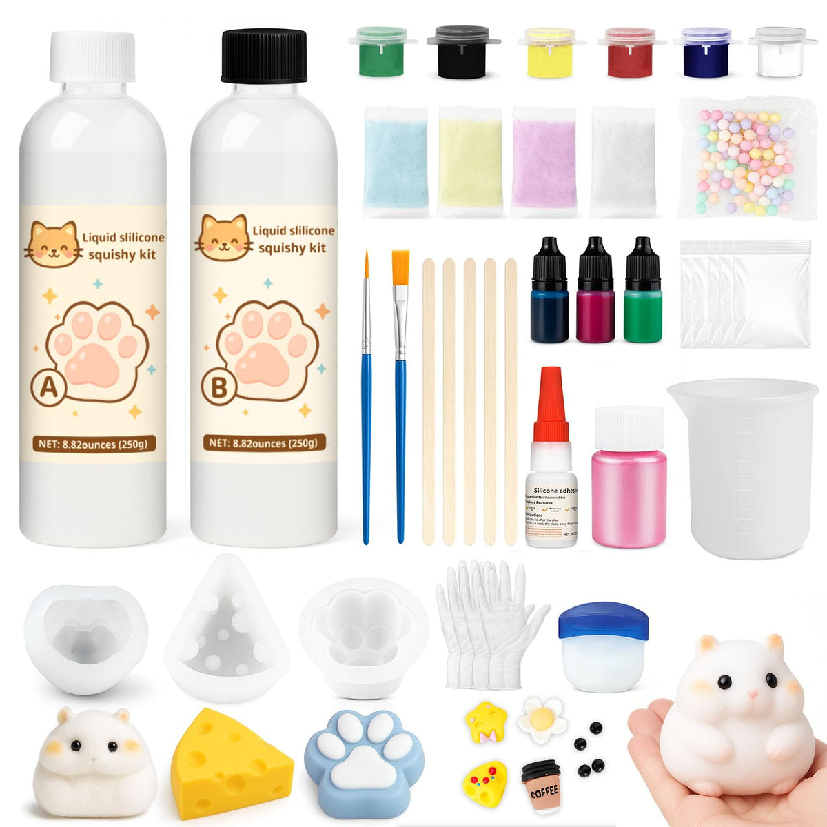 1DFAUL Liquid Silicone Squishy Making Kit, 17.6oz Squishy Gel Make Your Own Squishies, No Bubbles & Fast Cure, with Hamster, Cat Paw, Cheese Molds,