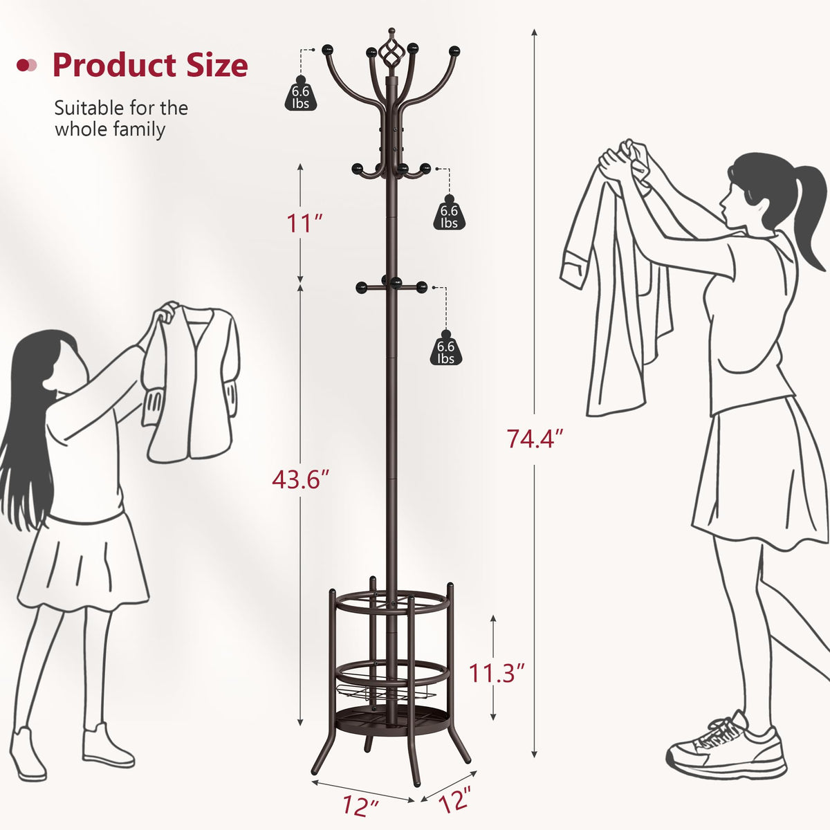 Tajsoon Coat Rack with Umbrella Stand, Coat Tree With 16 Hooks, Brown