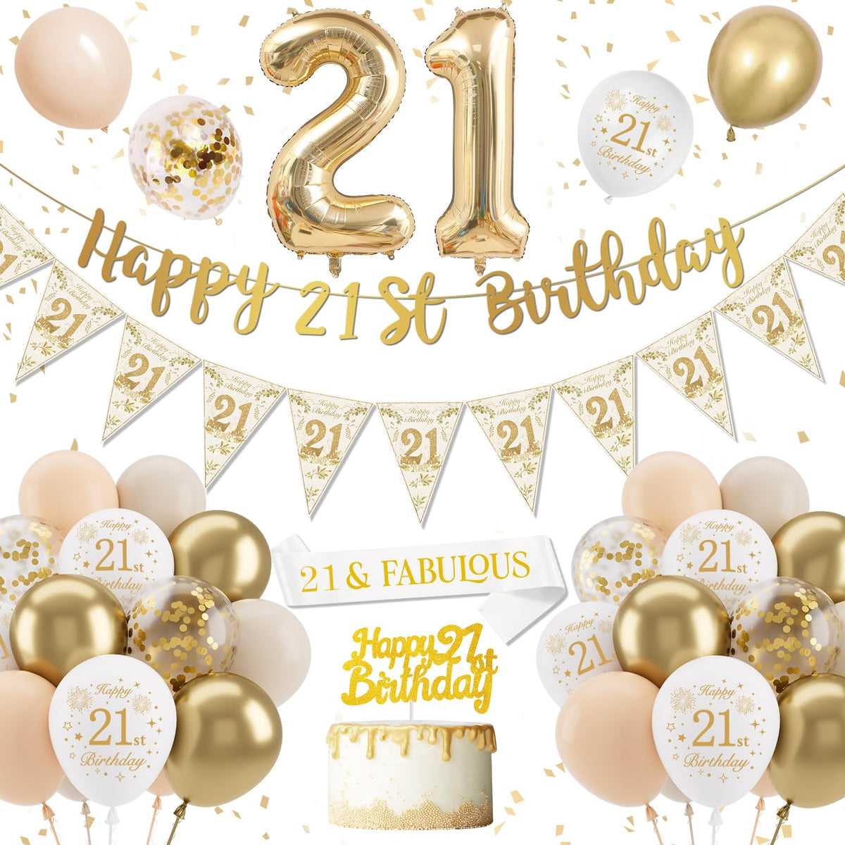Sand White Gold 21st Birthday Decorations - Balloons, Banner, Cake Topper & Confetti for Her