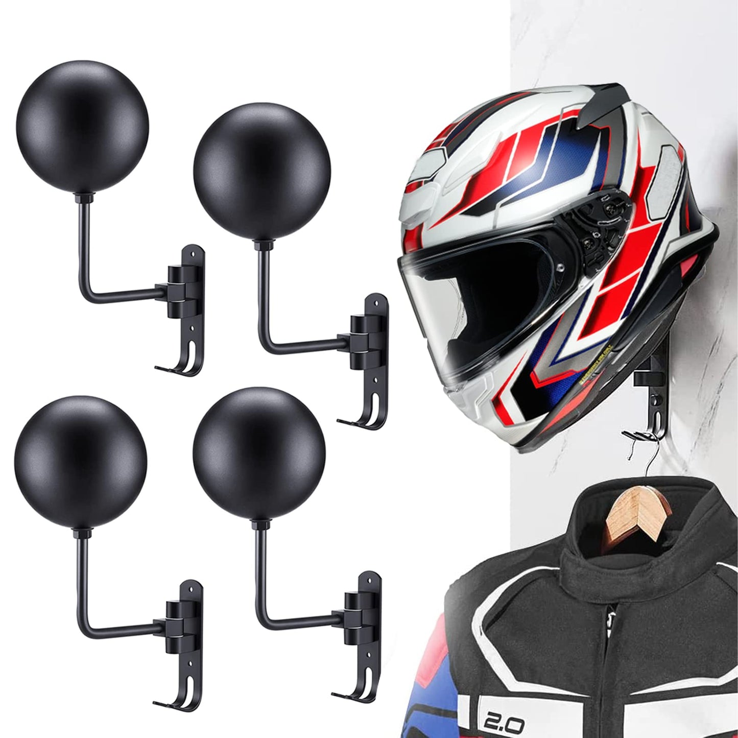 motofans helmet stand, Rotation Metal Helmet Holder Wall Mount, Helmet Holder Bike with 2 Hooks Helmet Hanger for motorbike, Caps, Baseballs, Rugby