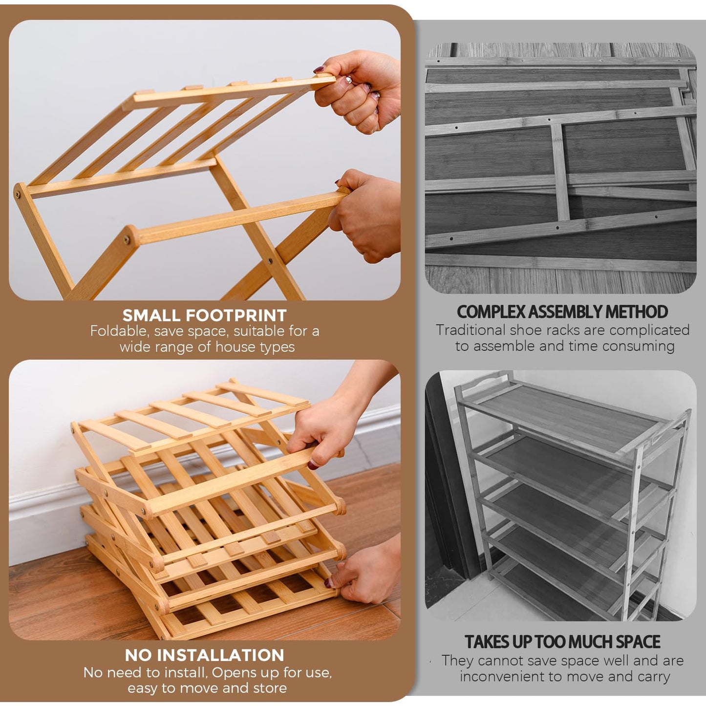 Hafuvool 4 Tier Bamboo Foldable Shoe Rack Small, Easy Assembly Vertical Folding Wooden Shoe Racks Storage For Narrow Space, Shoe Shelf For Corridors
