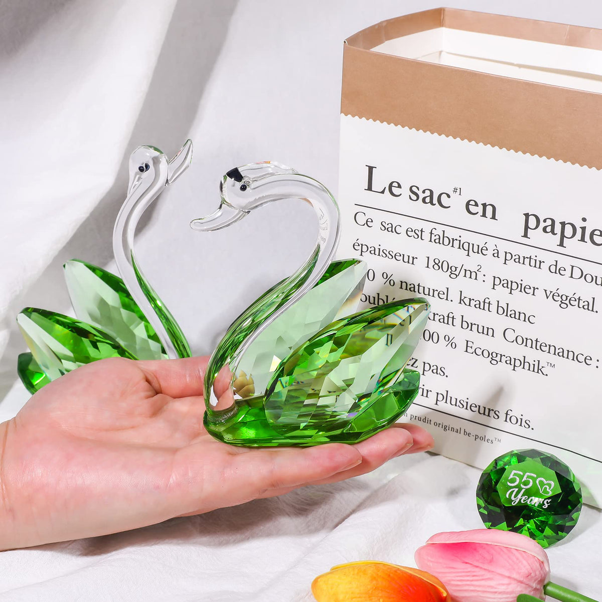 Set of 2 Crystal Green Swans for Wedding Gifts for Couple 55 Years Marriage Emeraled 55th Wedding Anniversary Presents for Parents Glass Swans