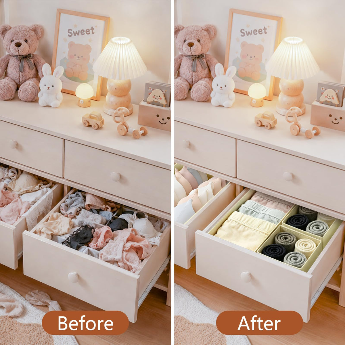 Weeoley Drawer Organiser 8 Pack Foldable Storage Boxes for Clothes, Beige