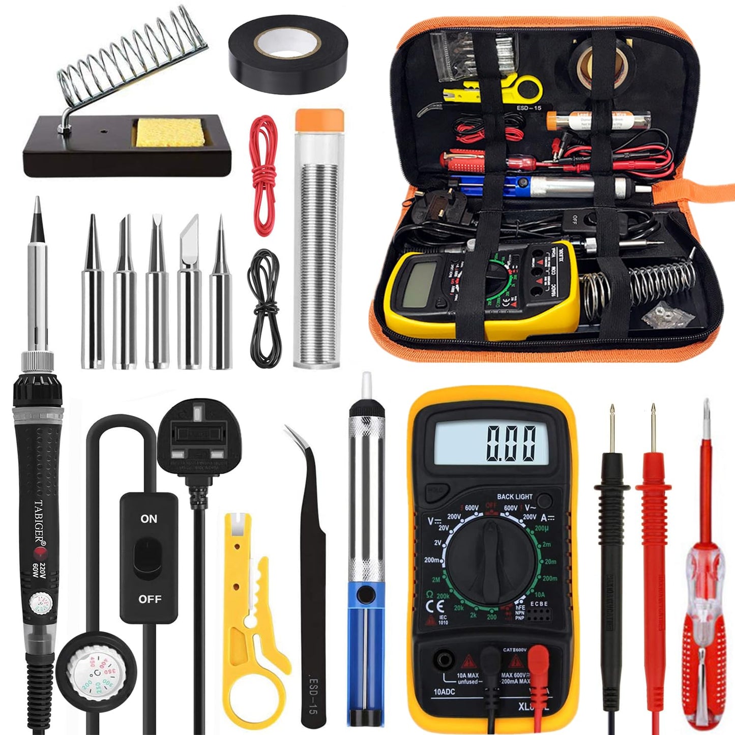 Tabiger Soldering Iron Kit, Soldering Kit with LCD Digital Multimeter, 60W Soldering Iron with 5 Extra Tips, Stand, Desoldering Pump, Solder, Wire
