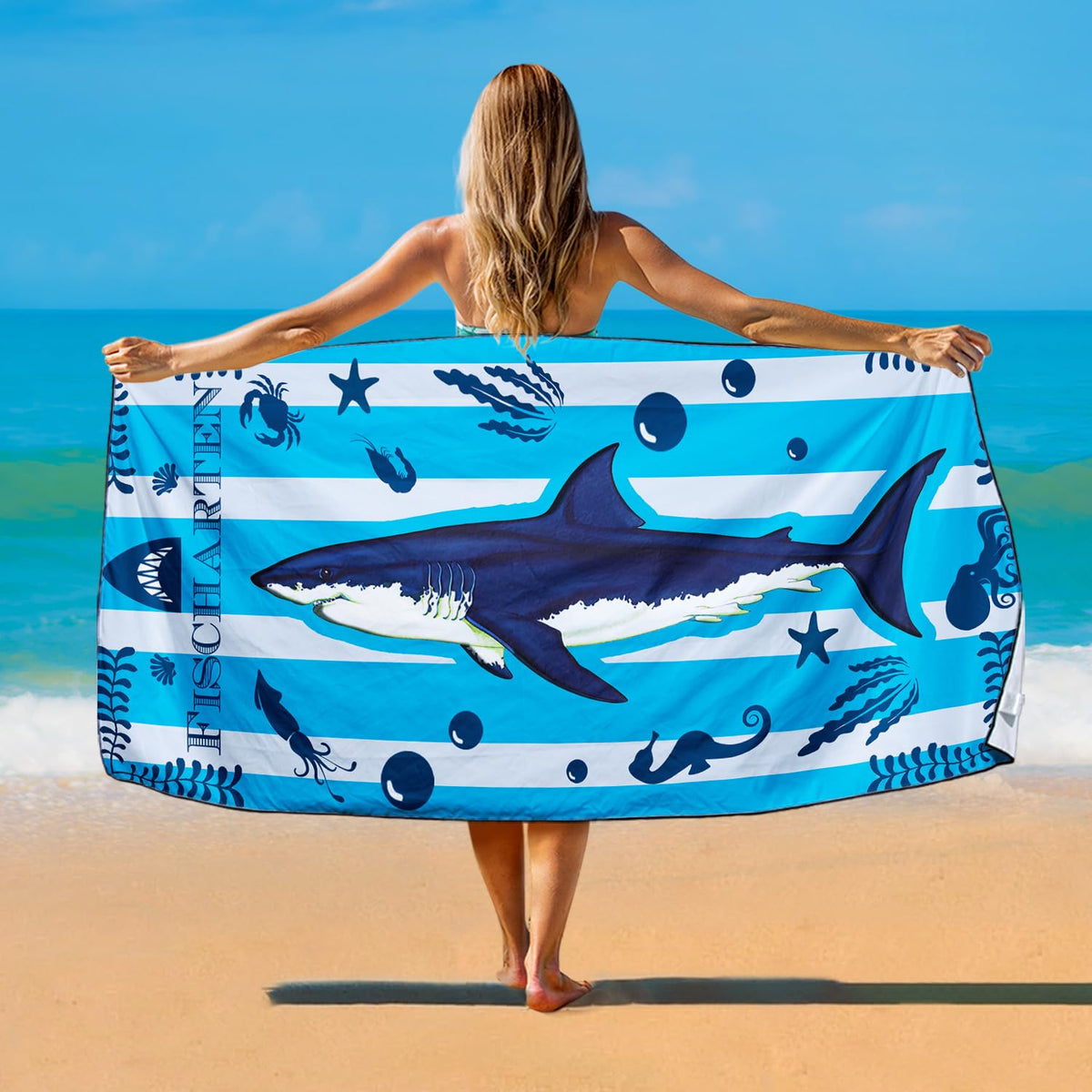 Violetpos Blue Stripe Great White Shark Beach Towel, Extra Large 180x90 cm 250GSM Microfibre, Sand Free Quick Dry