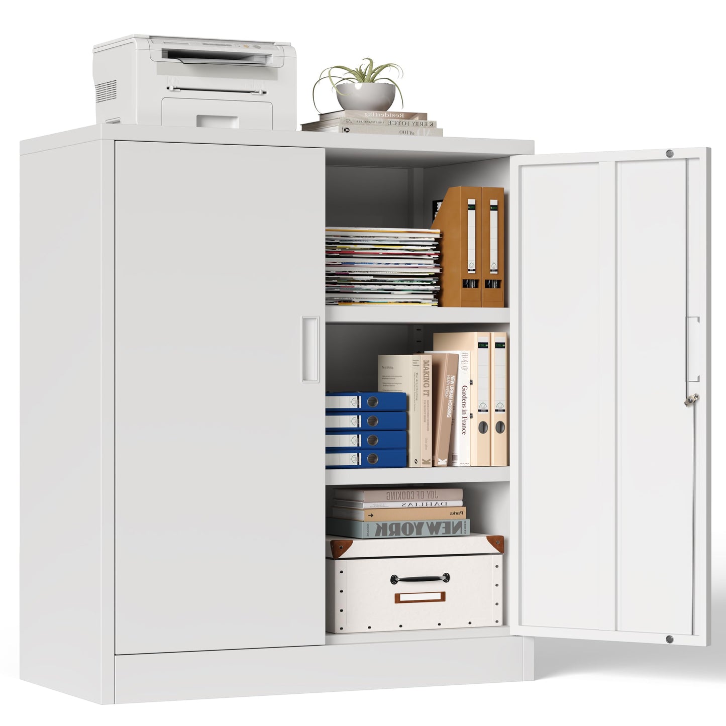 Metal Storage Cabinet, 90cm Locking Storage Cabinet with Doors & Shelves, Steel Storage Cabinet with 2 Adjustable Shelves for Garage, Home, Office